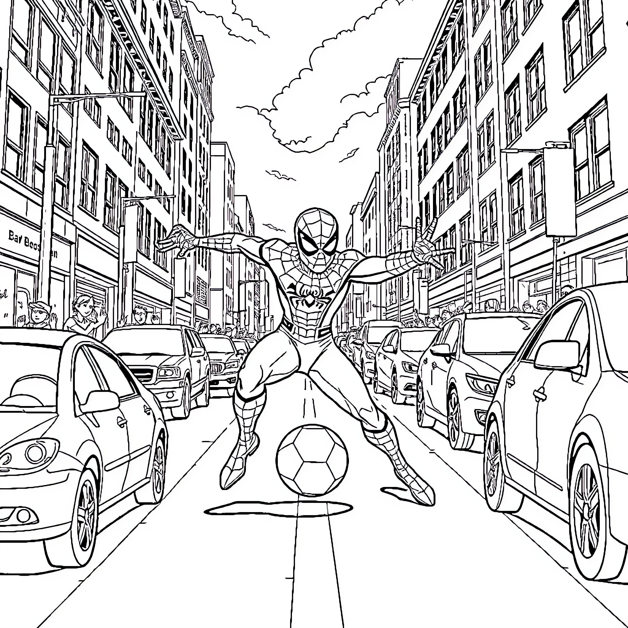 Spiderman swinging through the city streets Coloring Page (free black-and-white line drawing printable PDF for all, from beginners to advanced learners, including children, teens, adults, and seniors)