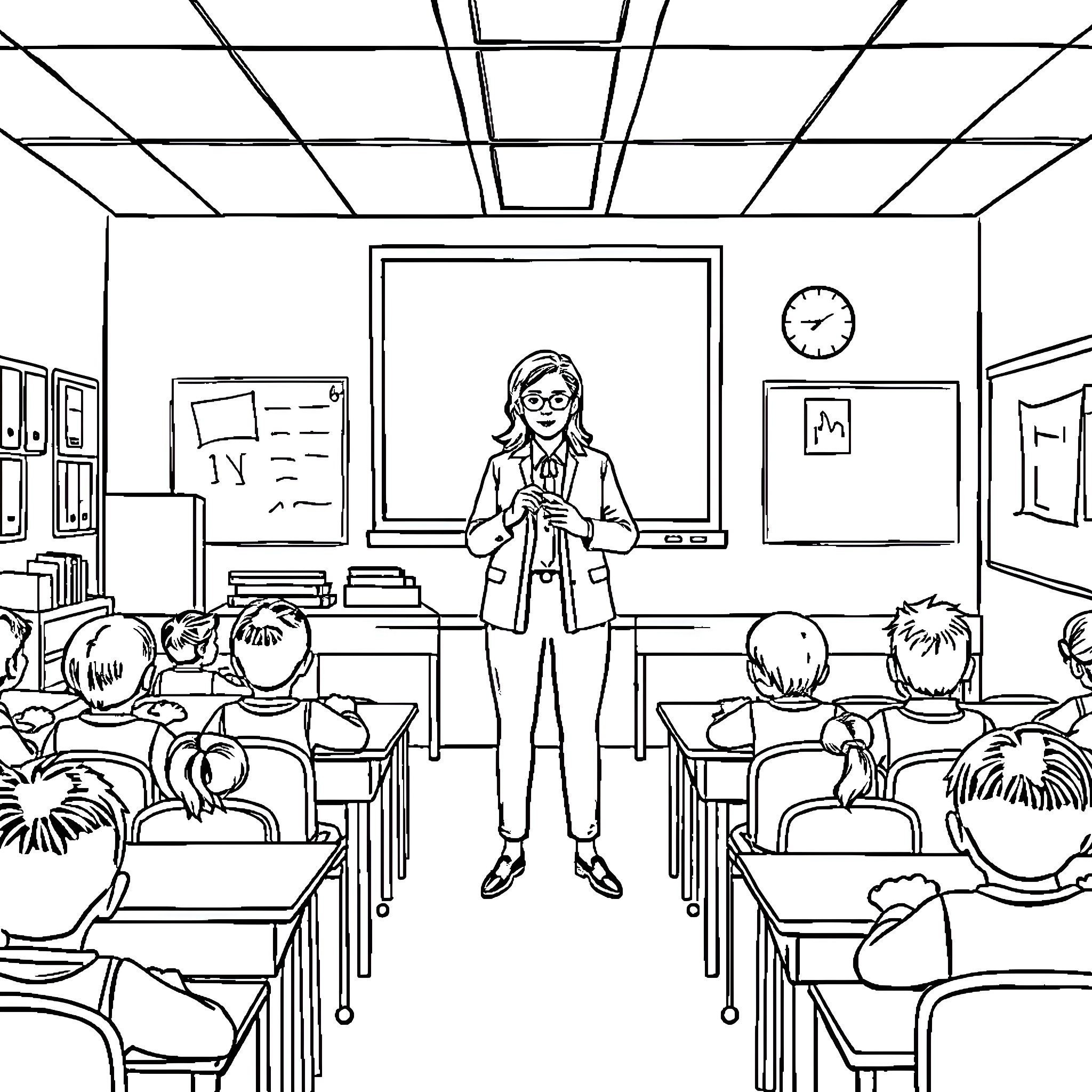 Teacher leading students in the classroom Coloring Page (free black-and-white line drawing printable PDF for all, from beginners to advanced learners, including children, teens, adults, and seniors)