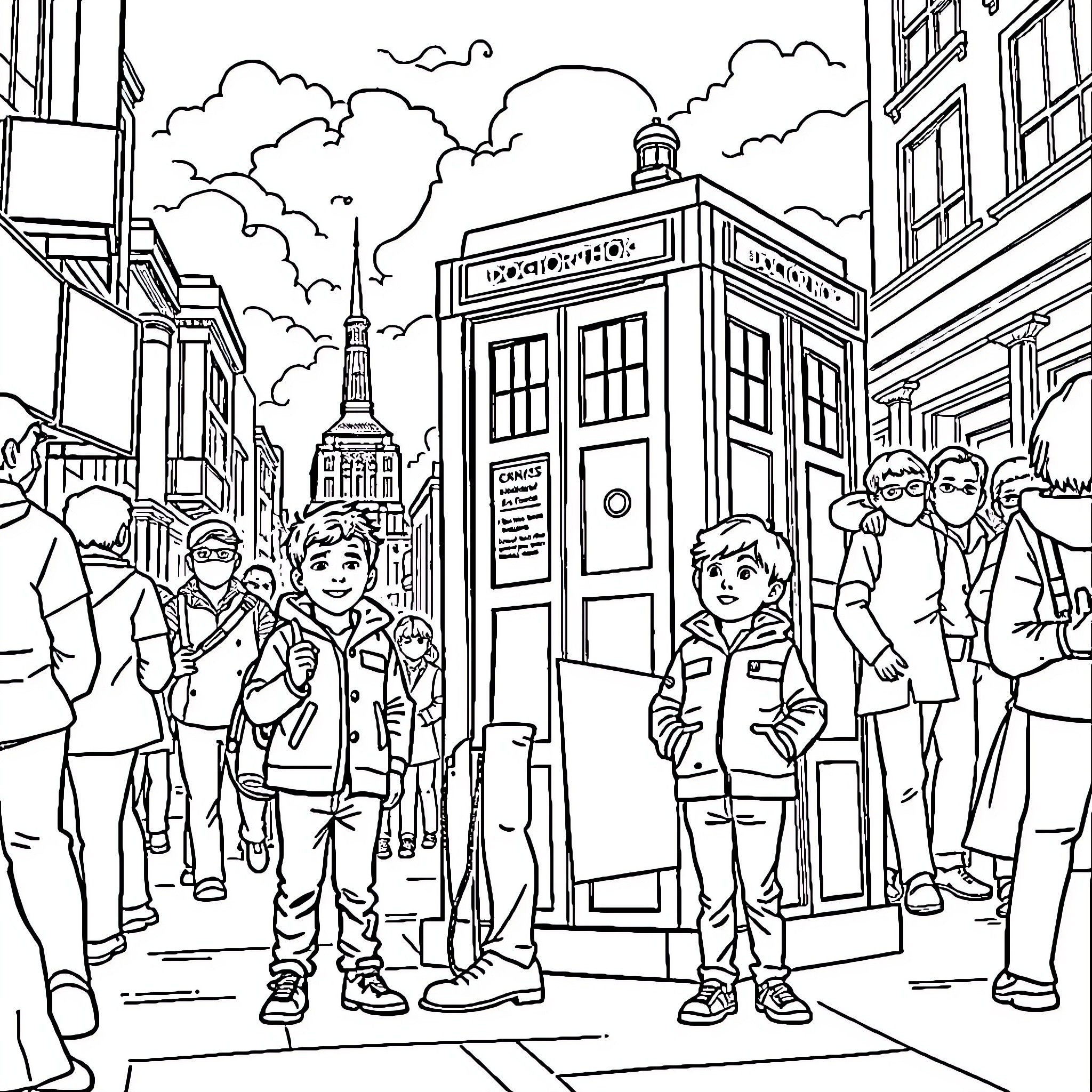 Doctor Who explores the bustling city with companions Coloring Page (free black-and-white line drawing printable PDF for all, from beginners to advanced learners, including children, teens, adults, and seniors)