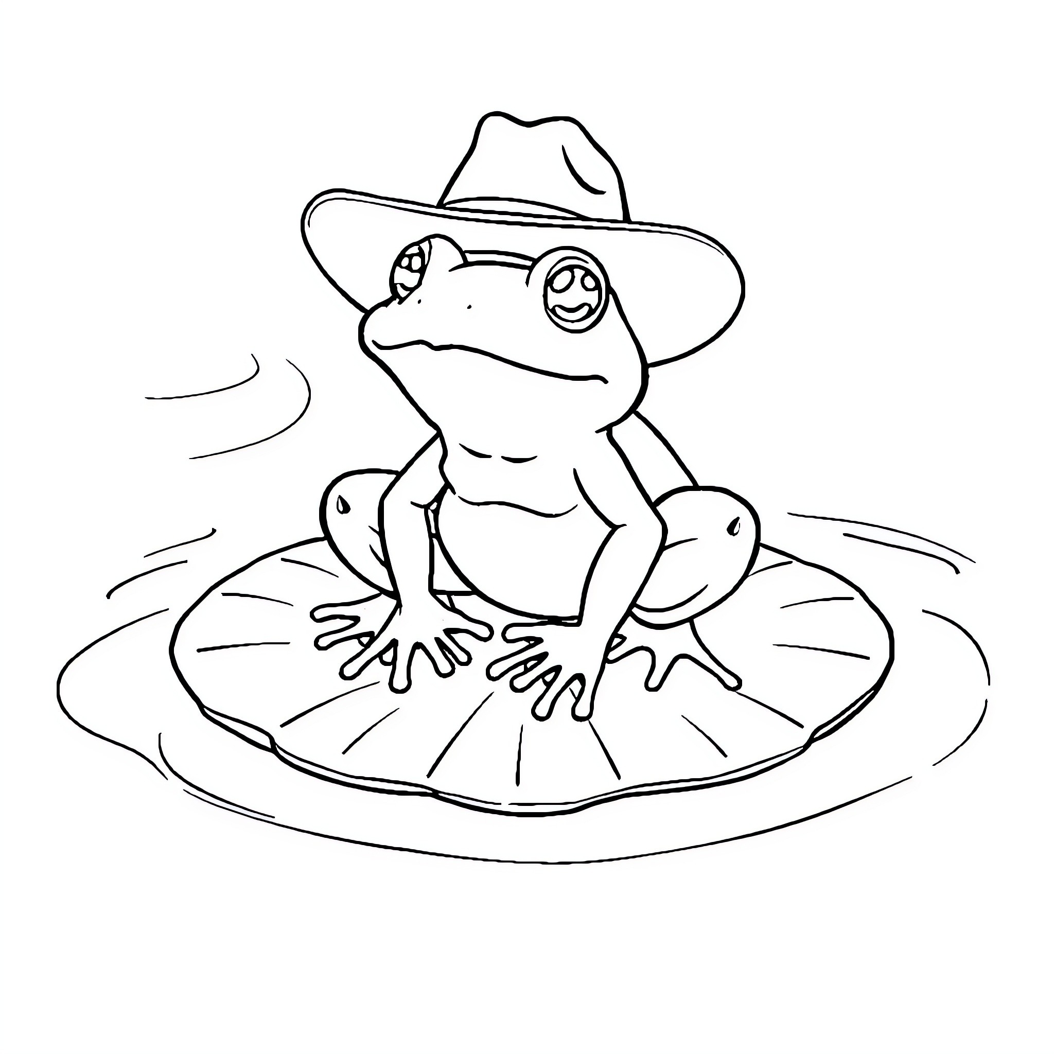 Frog wearing a cowboy hat on a lily pad Coloring Page (free black-and-white line drawing printable PDF for all, from beginners to advanced learners, including children, teens, adults, and seniors)
