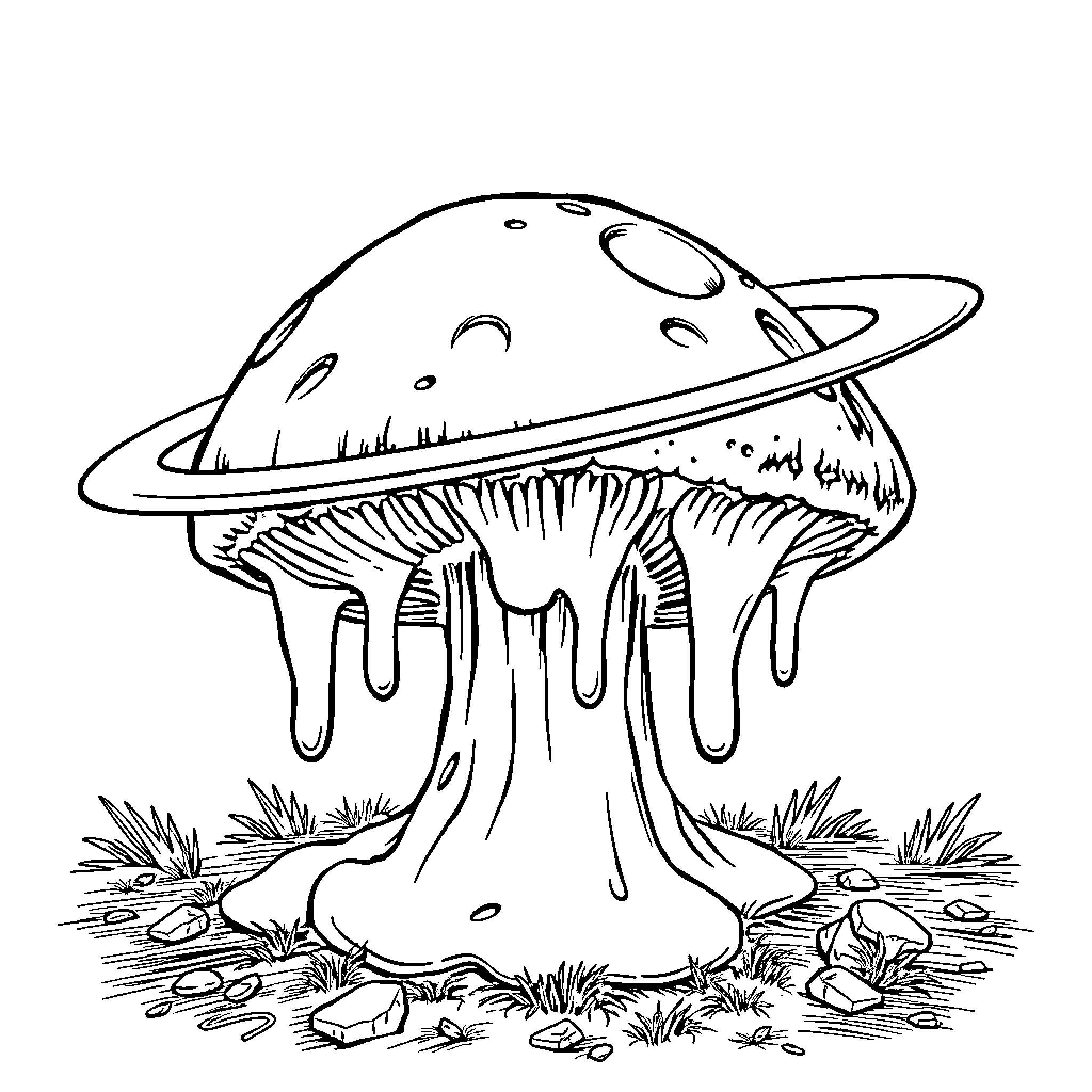 Mushroom in the enchanted forest Coloring Page (free black-and-white line drawing printable PDF for all, from beginners to advanced learners, including children, teens, adults, and seniors)
