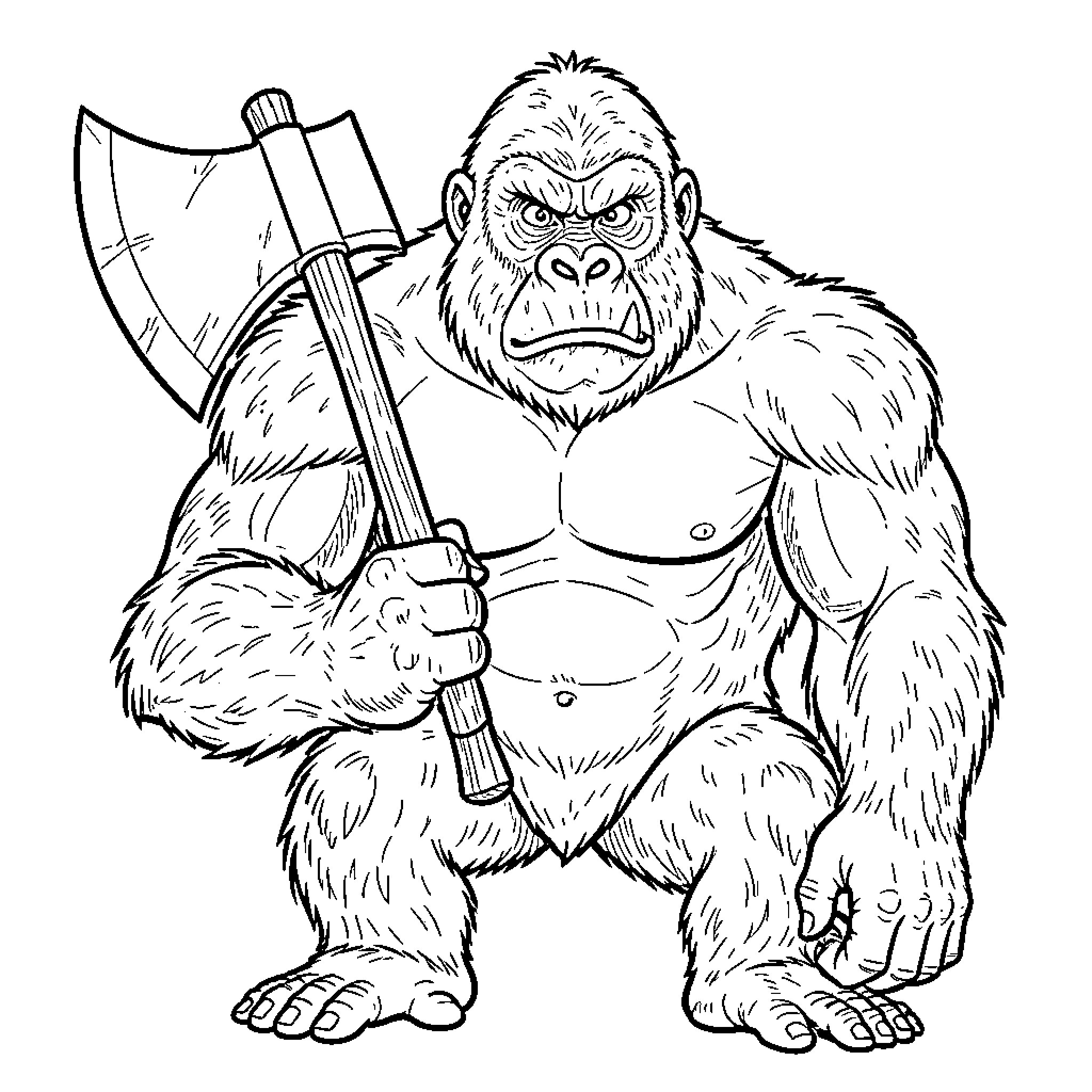 King Kong holding an axe with an angry expression Coloring Page (free black-and-white line drawing printable PDF for all, from beginners to advanced learners, including children, teens, adults, and seniors)