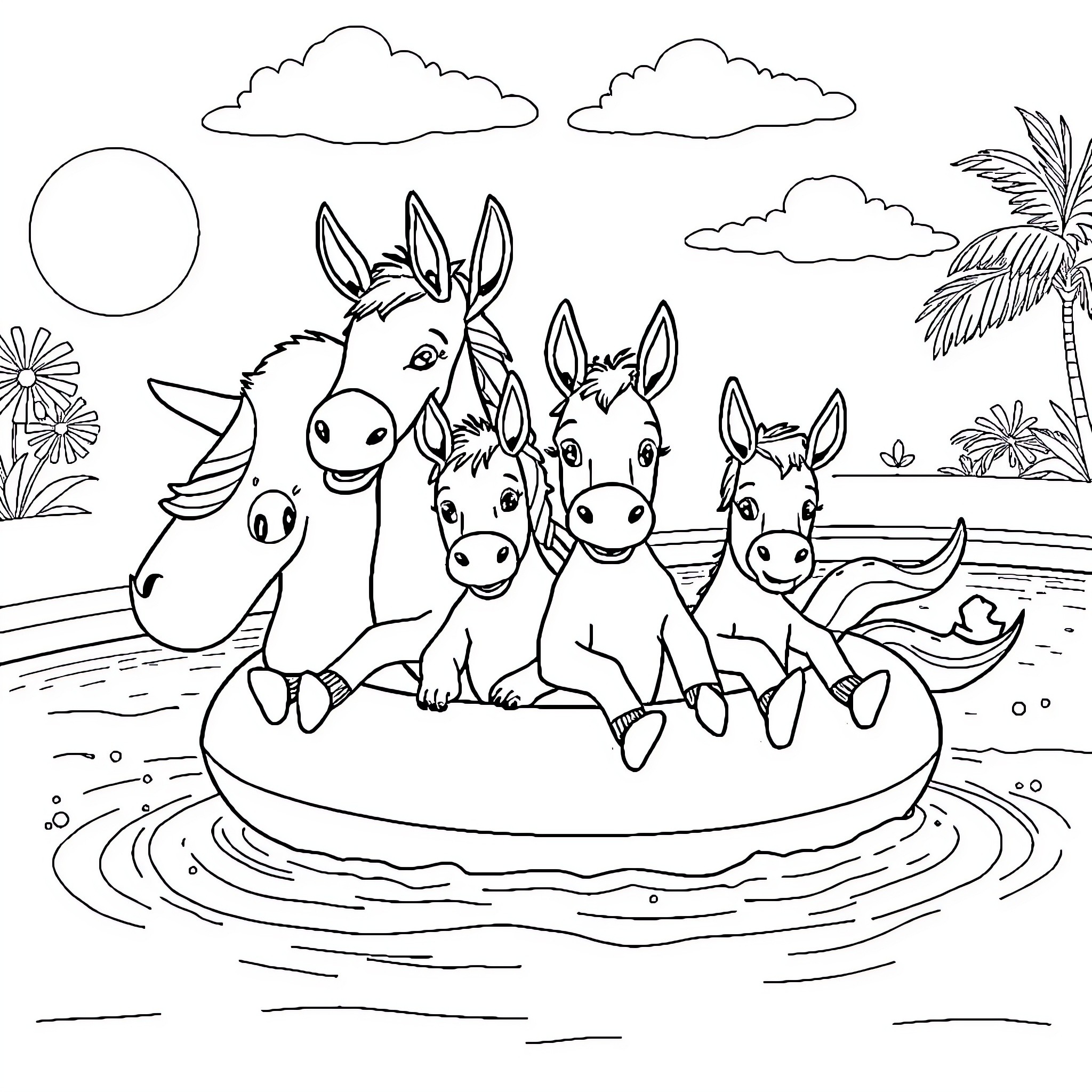 Donkey family playing in the tropical pool Coloring Page (free black-and-white line drawing printable PDF for all, from beginners to advanced learners, including children, teens, adults, and seniors)