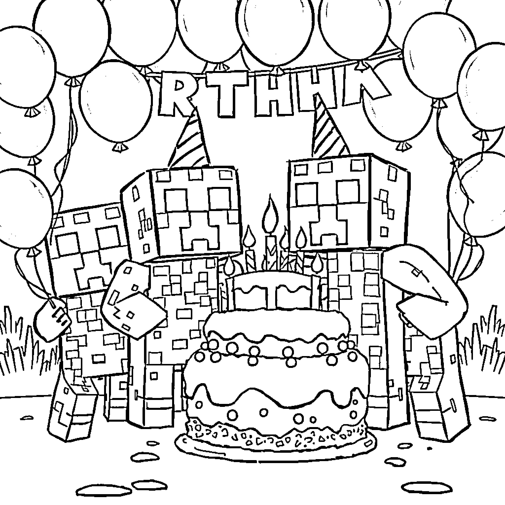 Creeper's Birthday Celebration with Cake and Balloons Coloring Page (free black-and-white line drawing printable PDF for all, from beginners to advanced learners, including children, teens, adults, and seniors)