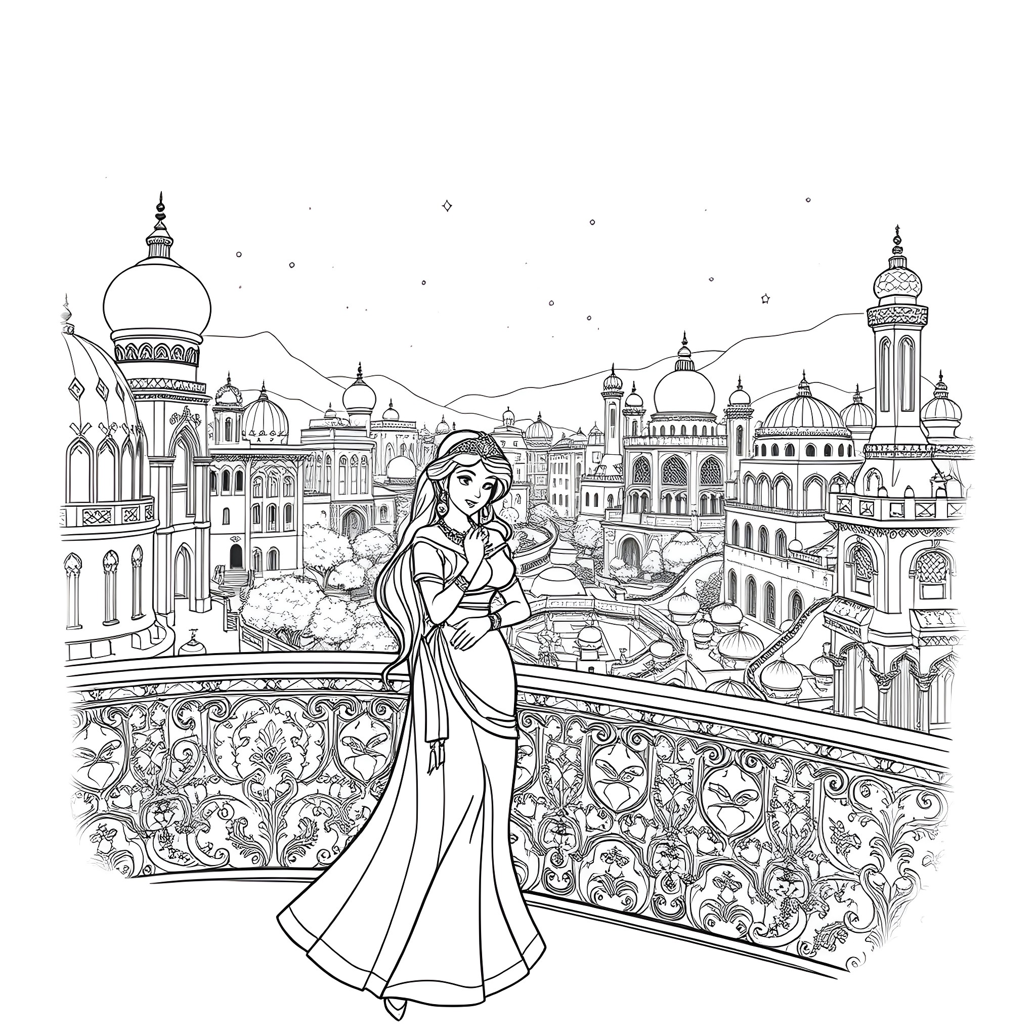 Jasmine admiring the ornate architecture in her kingdom Coloring Page (free black-and-white line drawing printable PDF for all, from beginners to advanced learners, including children, teens, adults, and seniors)