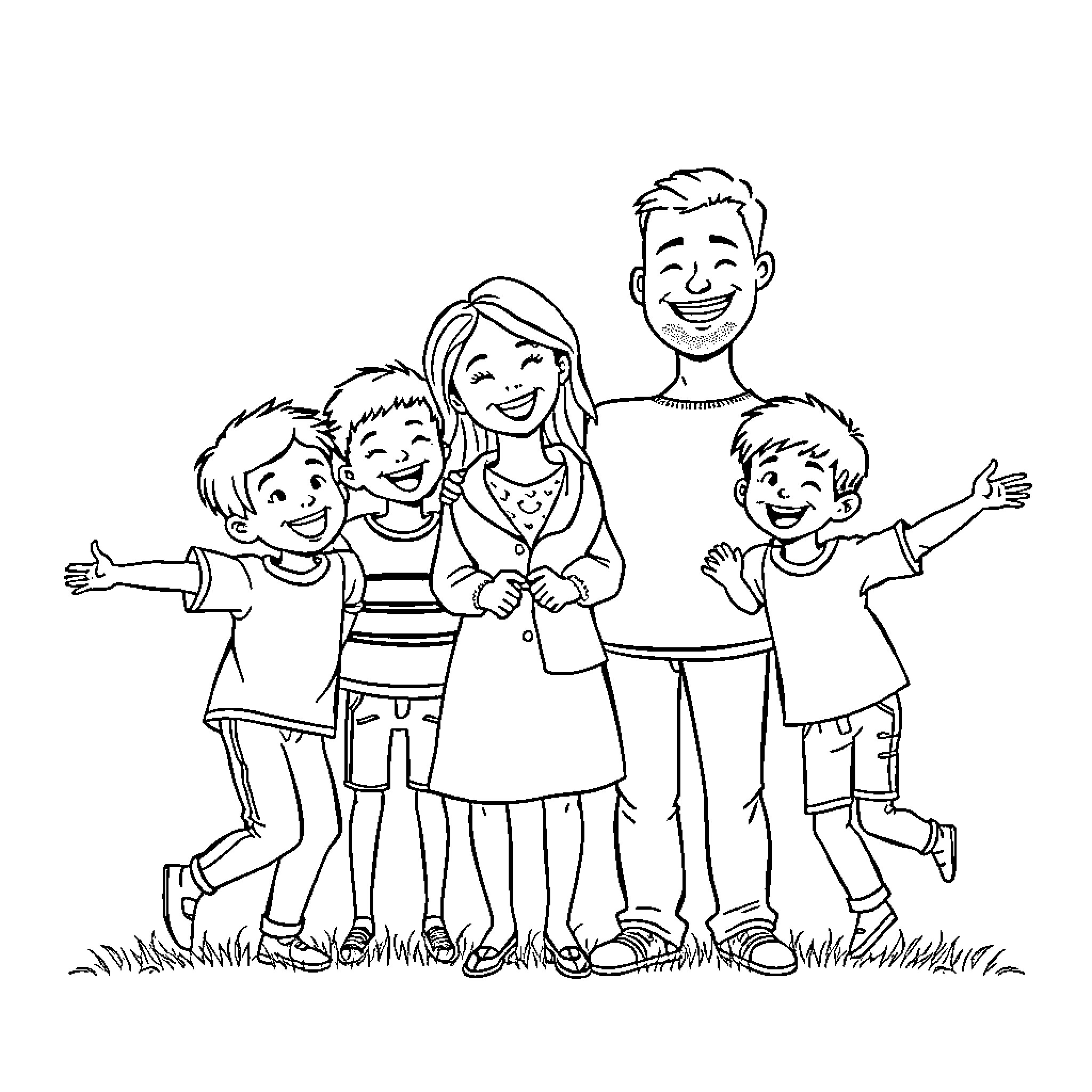 Family enjoying a happy outdoor adventure Coloring Page (free black-and-white line drawing printable PDF for all, from beginners to advanced learners, including children, teens, adults, and seniors)