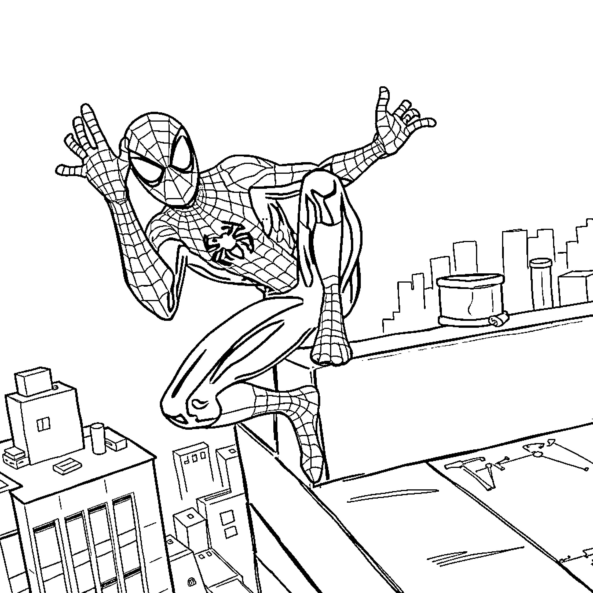 Spider-Man swinging through the city skyline Coloring Page (free black-and-white line drawing printable PDF for all, from beginners to advanced learners, including children, teens, adults, and seniors)