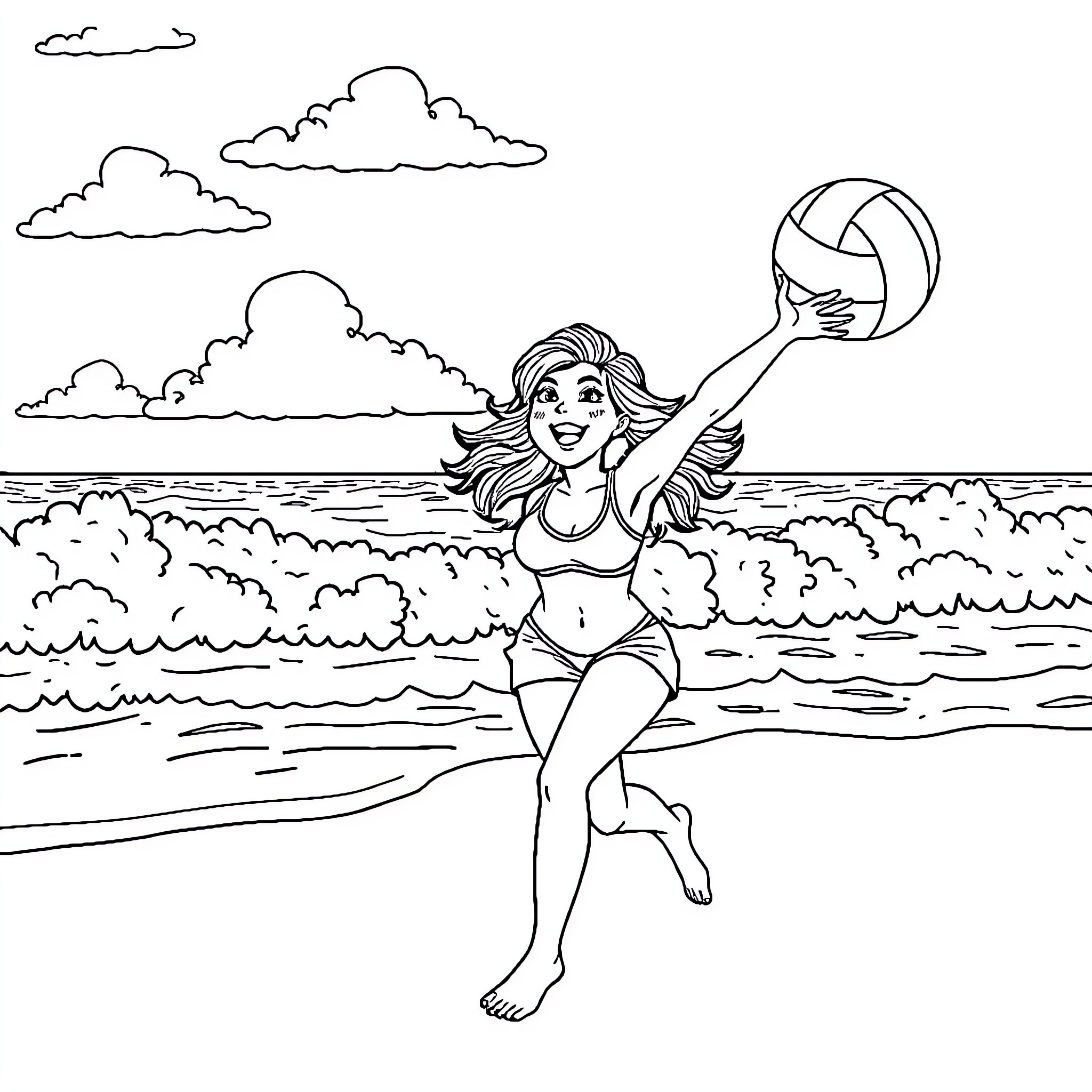 Mrs. Circle Playing Beach Volleyball in the Waves Coloring Page (free black-and-white line drawing printable PDF for all, from beginners to advanced learners, including children, teens, adults, and seniors)