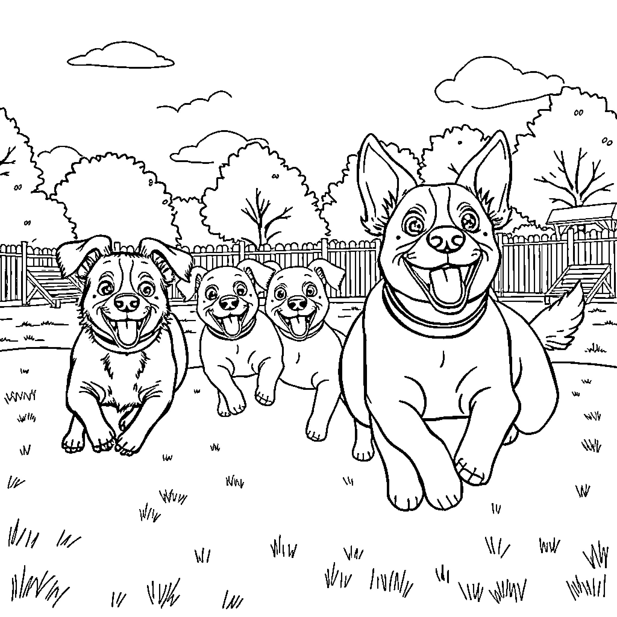 Dog family playing together in the backyard Coloring Page (free black-and-white line drawing printable PDF for all, from beginners to advanced learners, including children, teens, adults, and seniors)