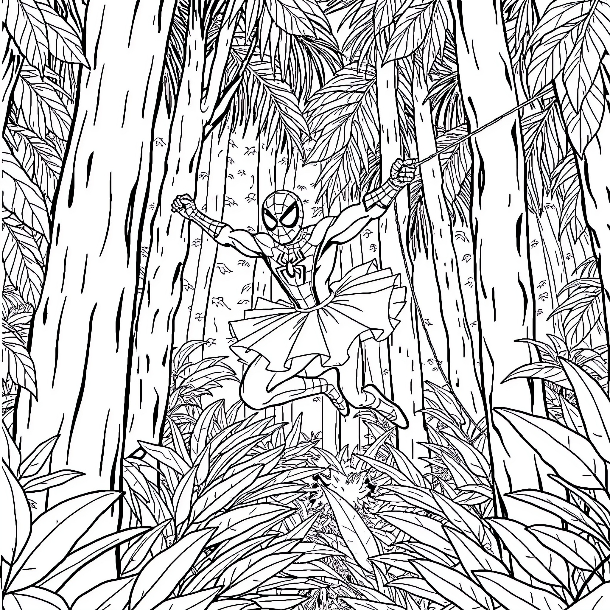 Spider-Man swinging through the dense jungle Coloring Page (free black-and-white line drawing printable PDF for all, from beginners to advanced learners, including children, teens, adults, and seniors)