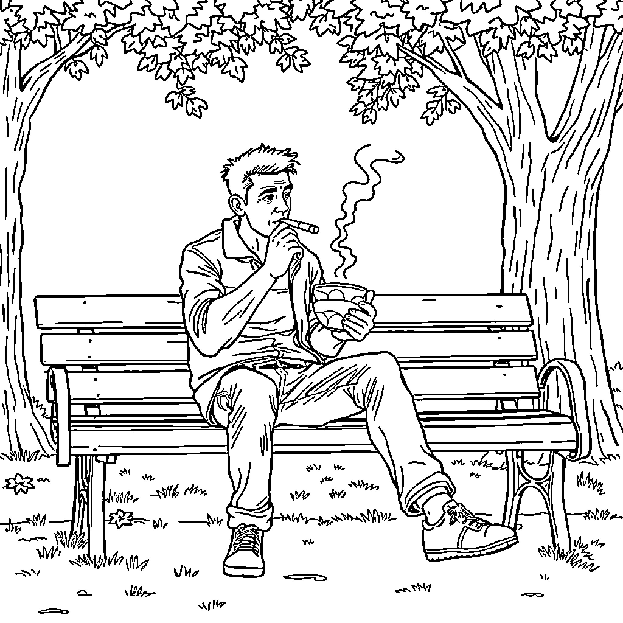 Guy relaxing on a park bench while smoking Coloring Page (free black-and-white line drawing printable PDF for all, from beginners to advanced learners, including children, teens, adults, and seniors)