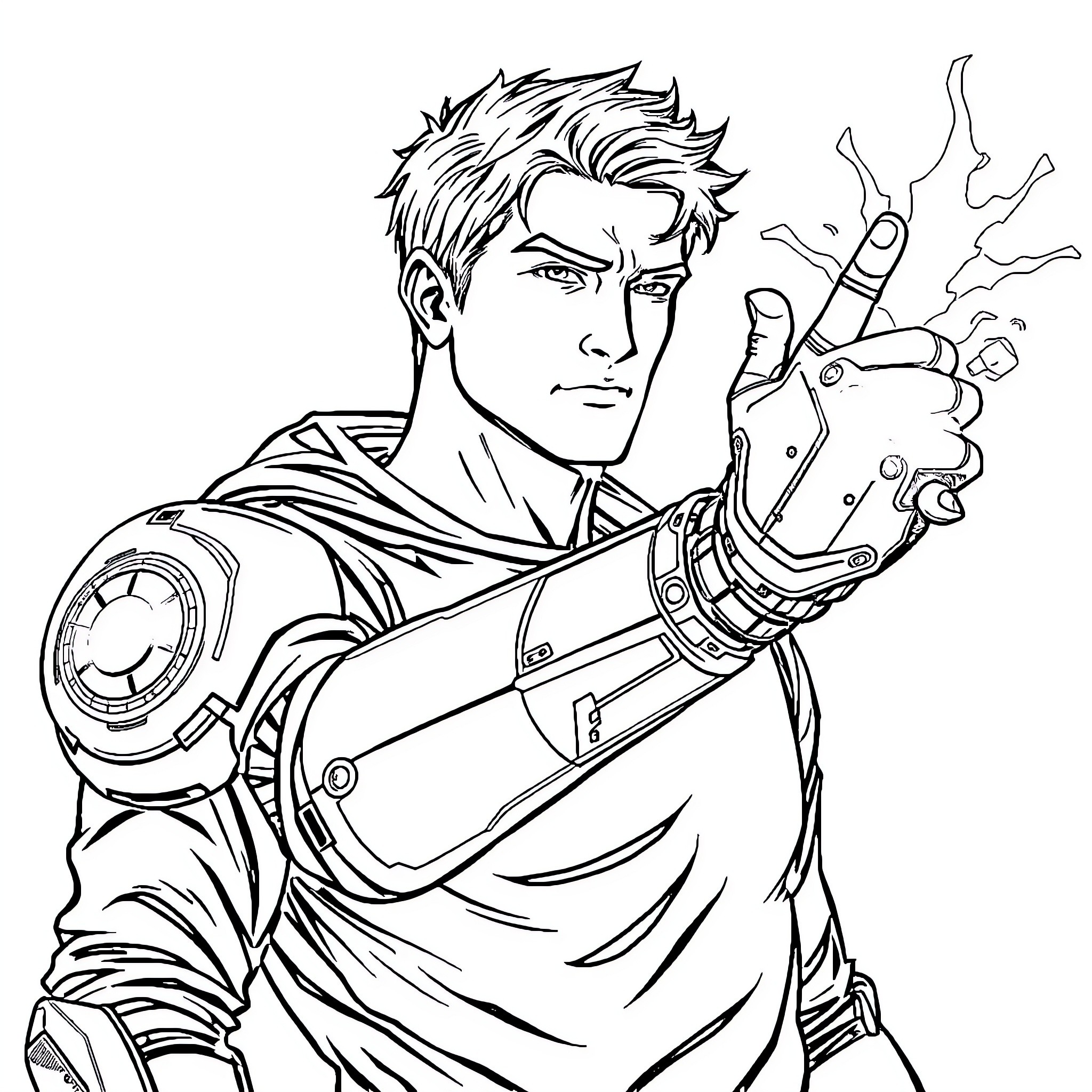 Man wielding futuristic weapon in action pose Coloring Page (free black-and-white line drawing printable PDF for all, from beginners to advanced learners, including children, teens, adults, and seniors)