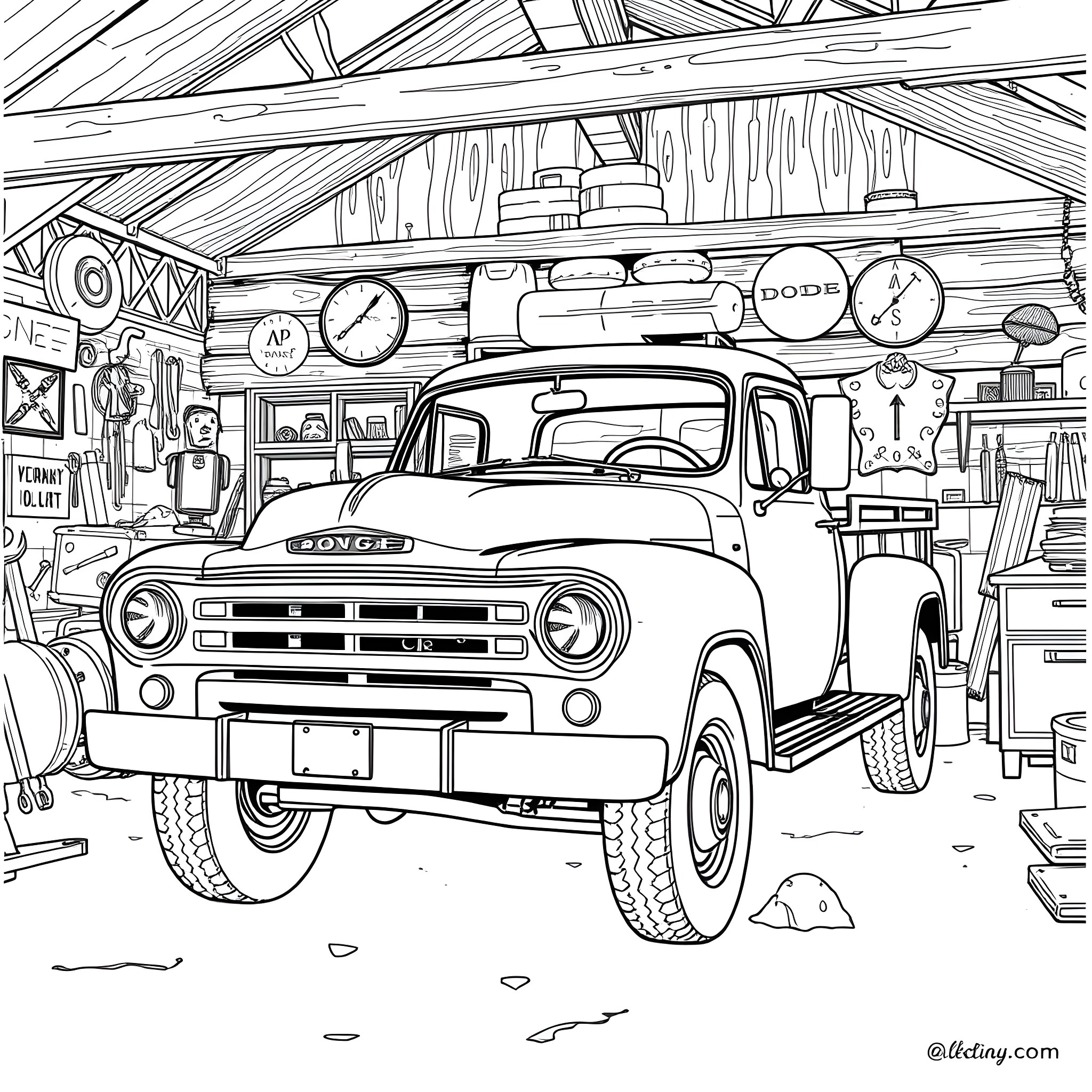 Dodge Pickup in a Rustic Garage with Tools Coloring Page (free black-and-white line drawing printable PDF for all, from beginners to advanced learners, including children, teens, adults, and seniors)