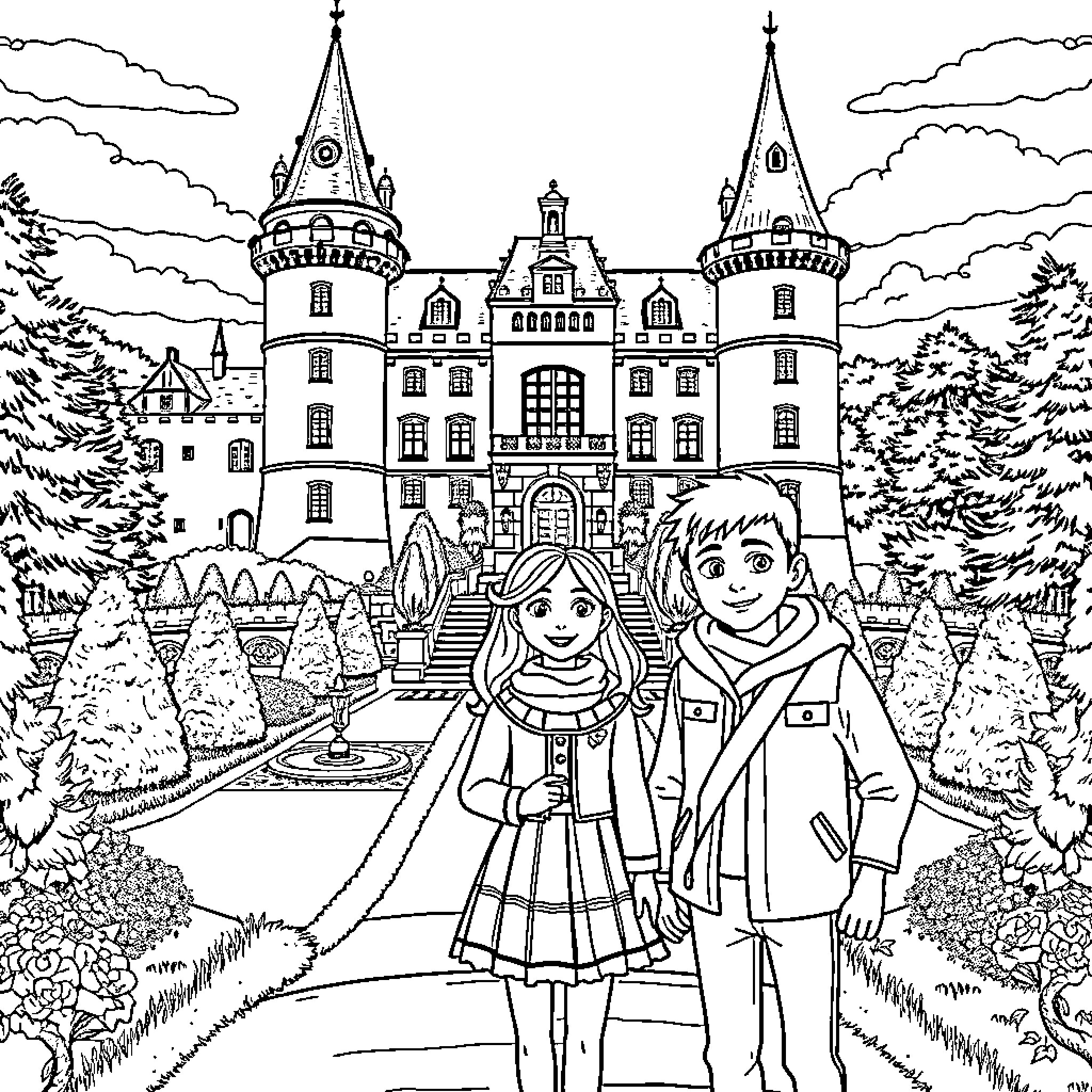 Bibi und Tina exploring a grand castle and gardens Coloring Page (free black-and-white line drawing printable PDF for all, from beginners to advanced learners, including children, teens, adults, and seniors)