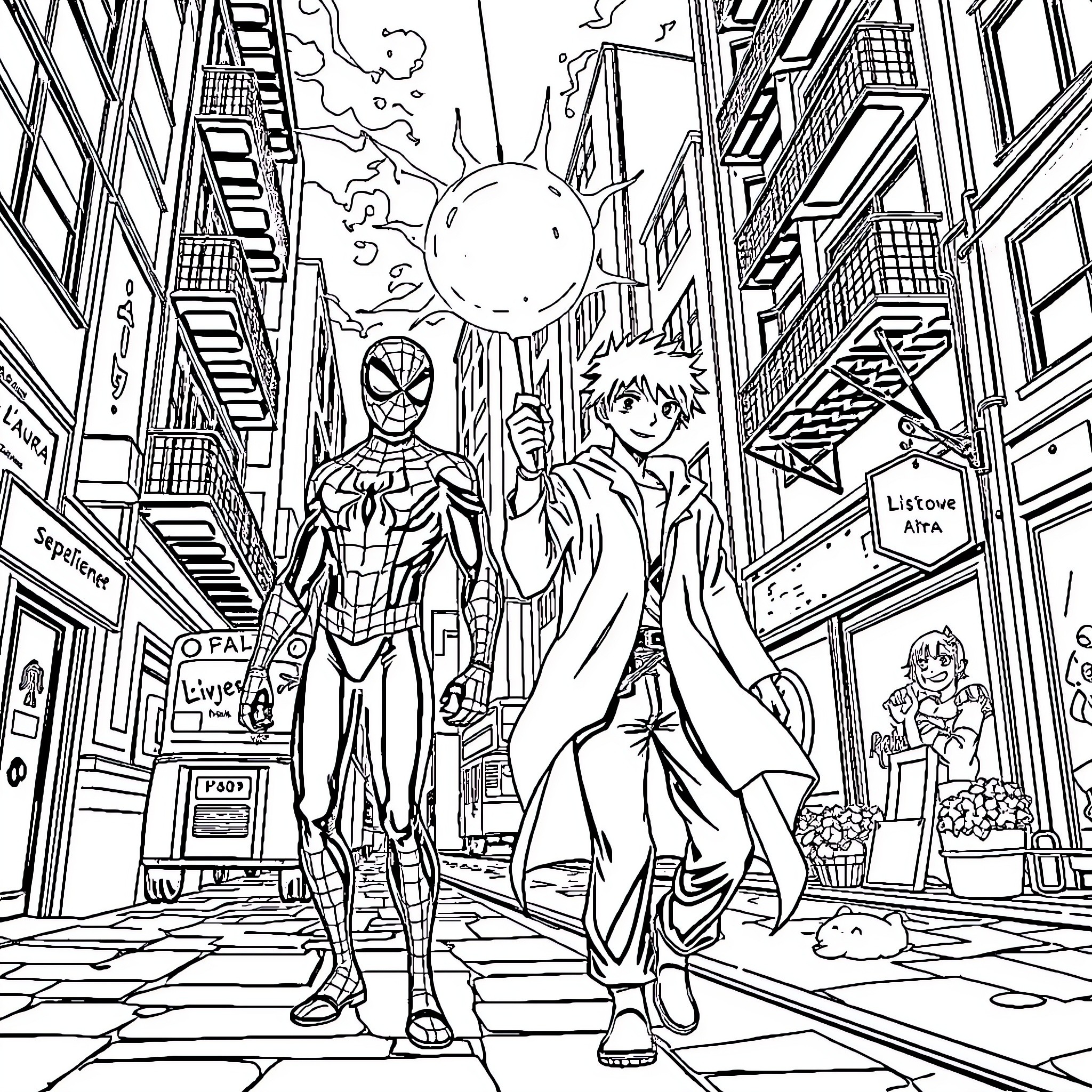 Spiderman and friends explore the city streets Coloring Page (free black-and-white line drawing printable PDF for all, from beginners to advanced learners, including children, teens, adults, and seniors)