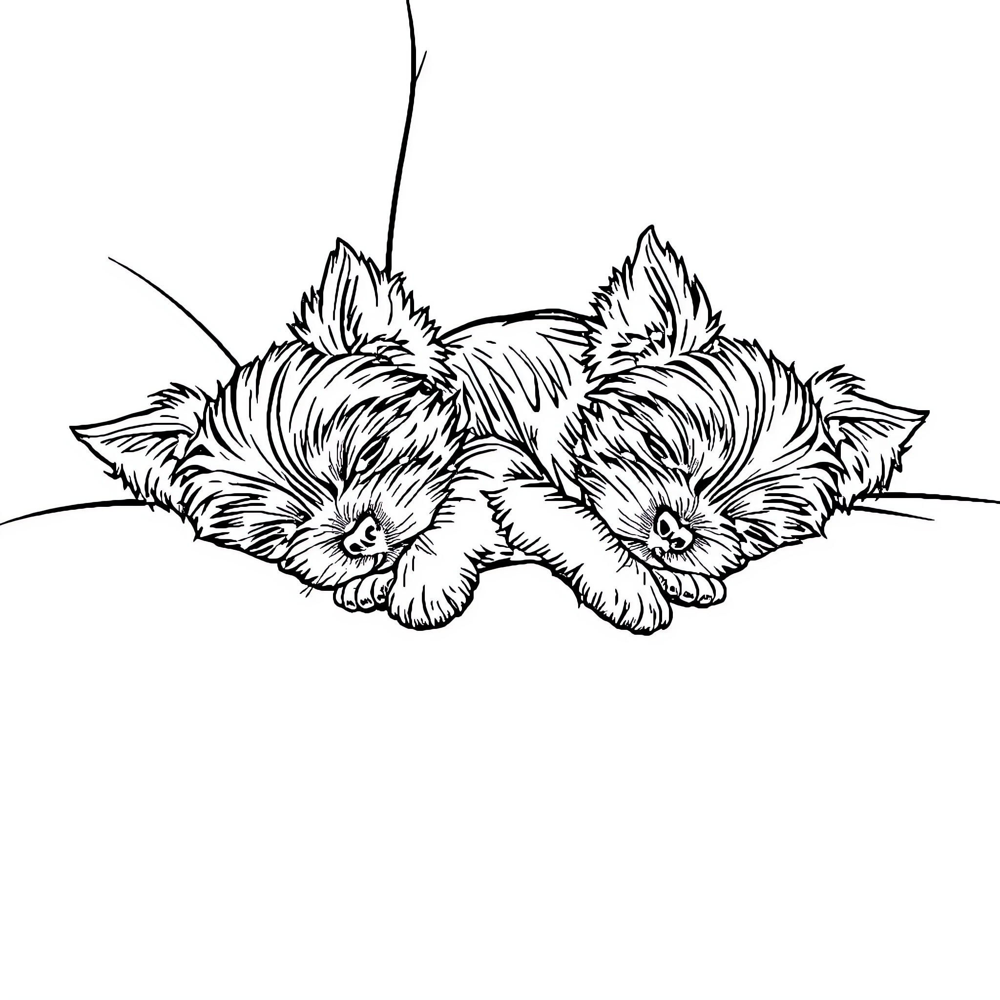 Yorkie puppies cuddling together Coloring Page (free black-and-white line drawing printable PDF for all, from beginners to advanced learners, including children, teens, adults, and seniors)