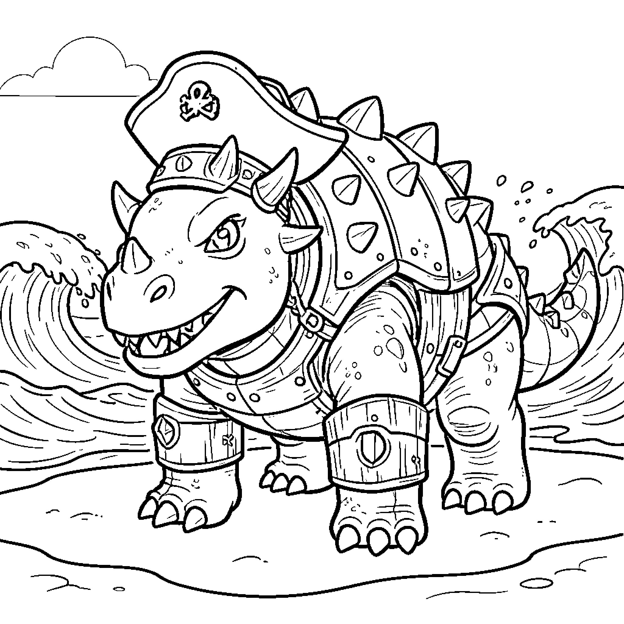 Pirate Ankylosaurus wearing armor and a hat on a beach Coloring Page (free black-and-white line drawing printable PDF for all, from beginners to advanced learners, including children, teens, adults, and seniors)