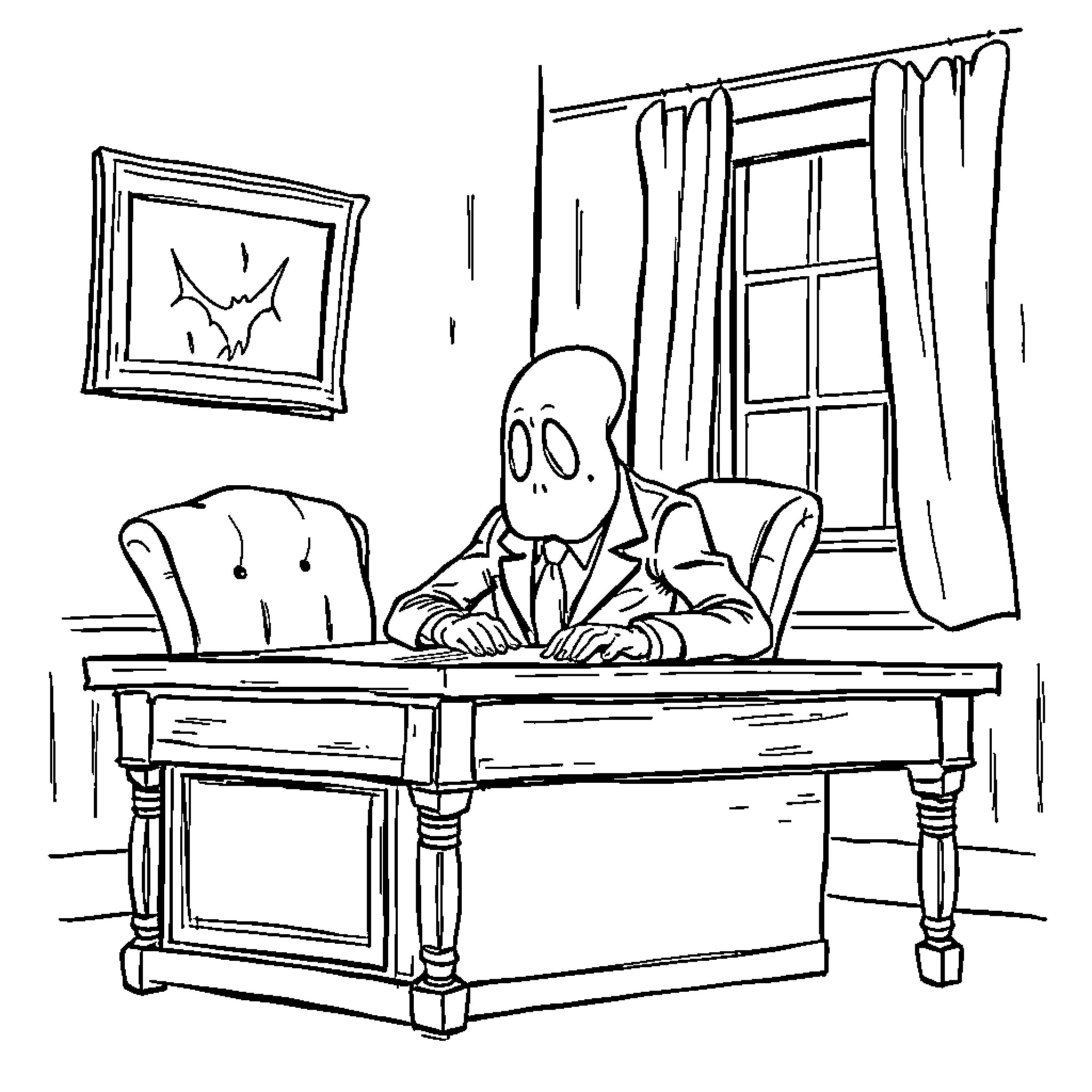 Ghost businessman working diligently in office Coloring Page (free black-and-white line drawing printable PDF for all, from beginners to advanced learners, including children, teens, adults, and seniors)