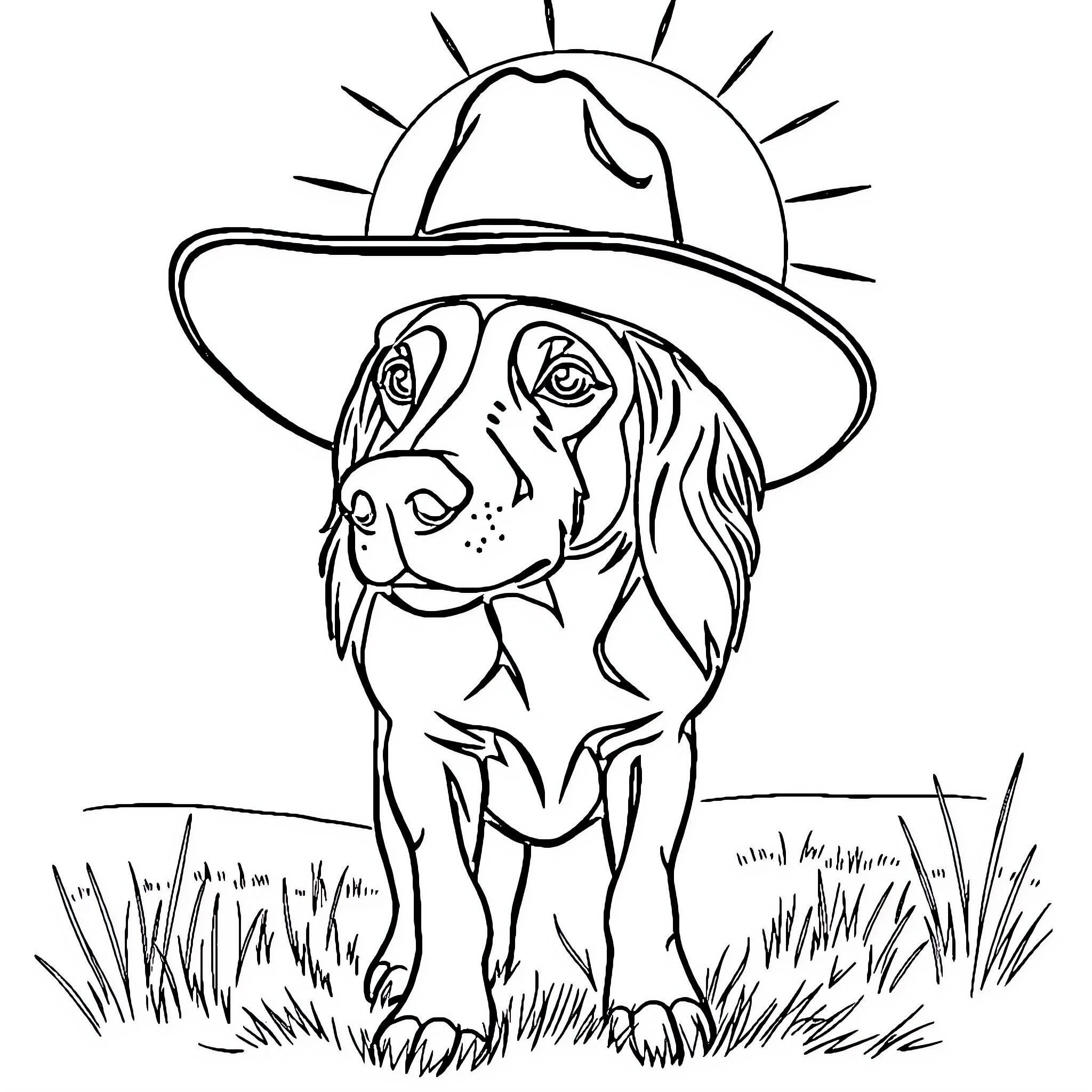 Blue Heeler dog wearing sunlit hat in field Coloring Page (free black-and-white line drawing printable PDF for all, from beginners to advanced learners, including children, teens, adults, and seniors)