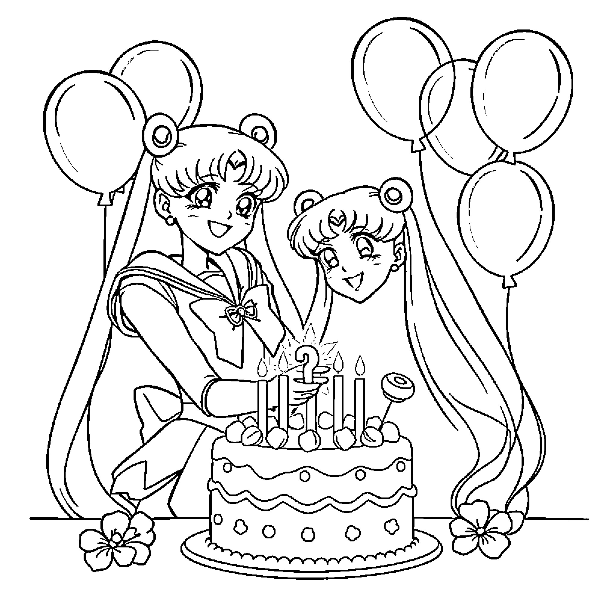 Sailor Moon celebrating birthday with friend Coloring Page (free black-and-white line drawing printable PDF for all, from beginners to advanced learners, including children, teens, adults, and seniors)