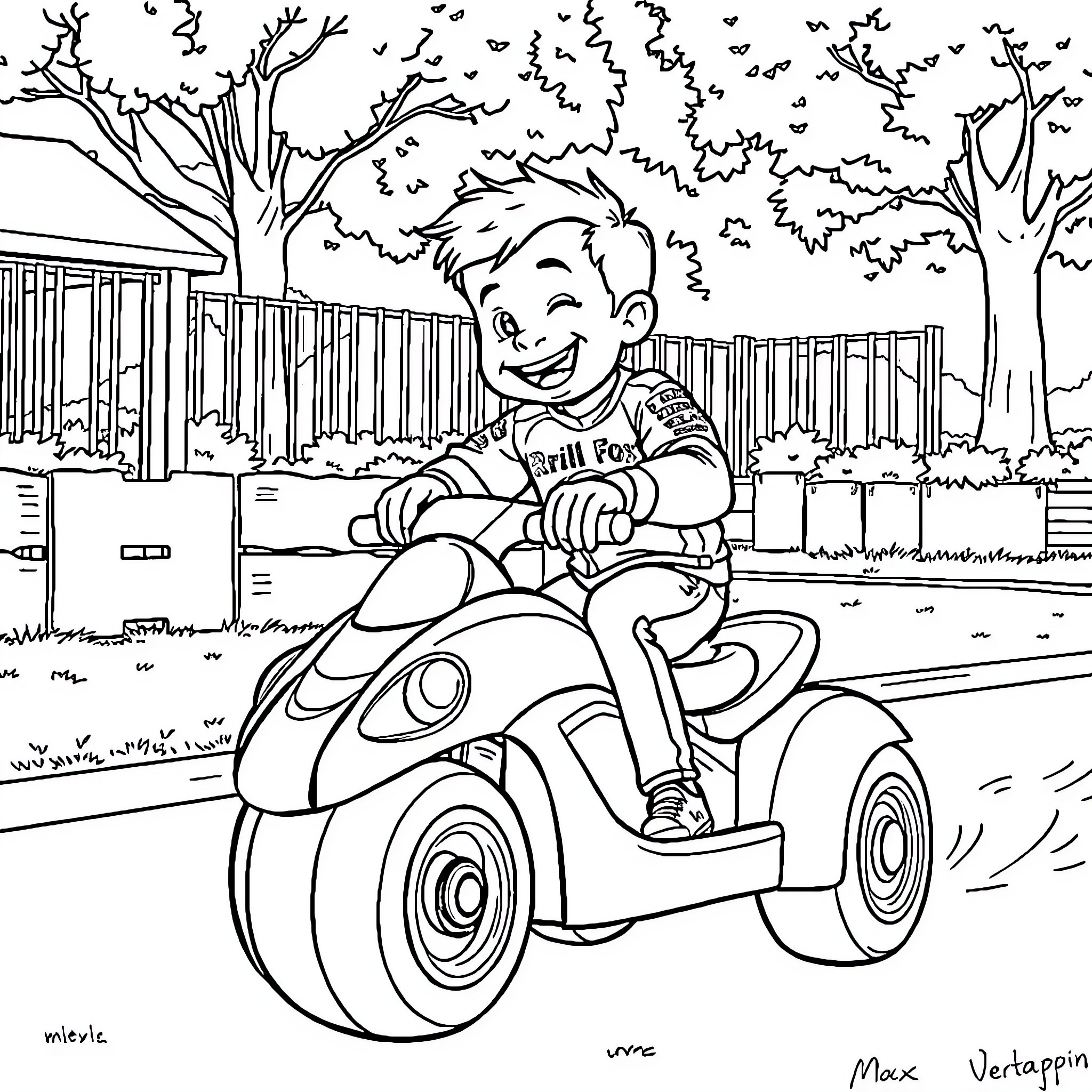 Max Verstappen riding a toy motorcycle in the backyard Coloring Page (free black-and-white line drawing printable PDF for all, from beginners to advanced learners, including children, teens, adults, and seniors)