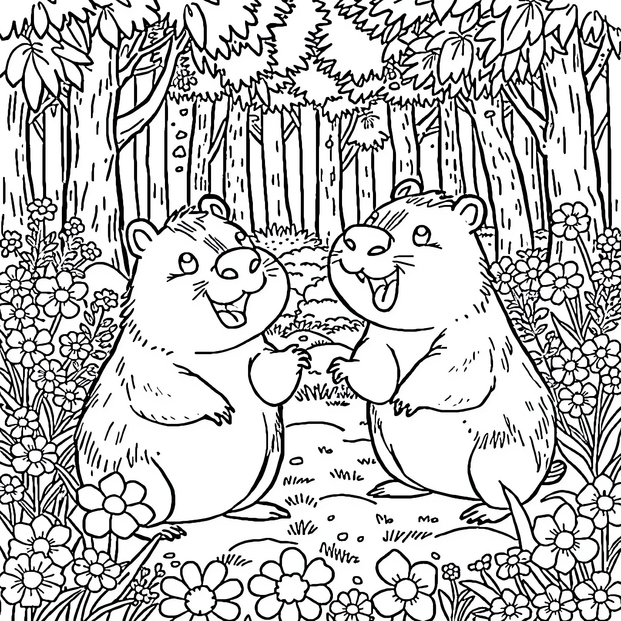 Capybara friends enjoying nature together Coloring Page (free black-and-white line drawing printable PDF for all, from beginners to advanced learners, including children, teens, adults, and seniors)
