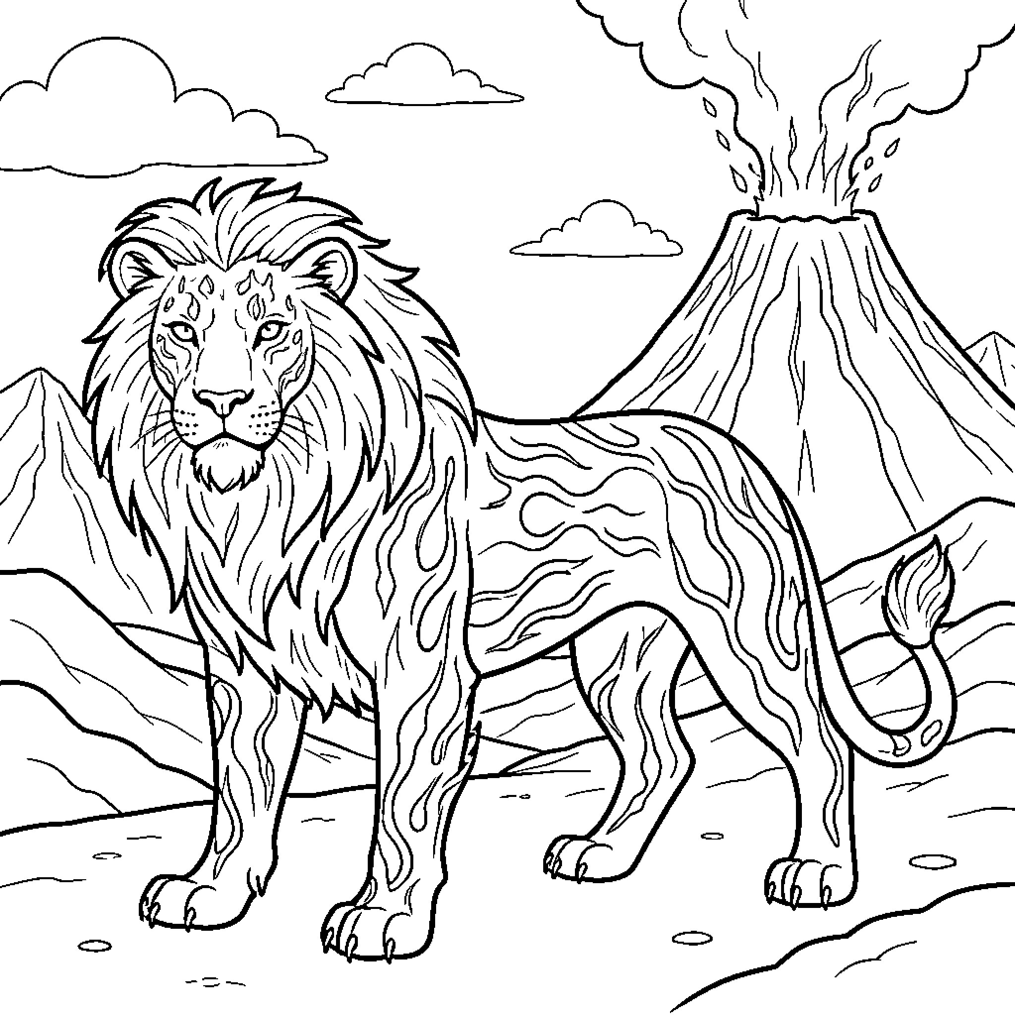 Lion standing majestically near an erupting volcano Coloring Page (free black-and-white line drawing printable PDF for all, from beginners to advanced learners, including children, teens, adults, and seniors)