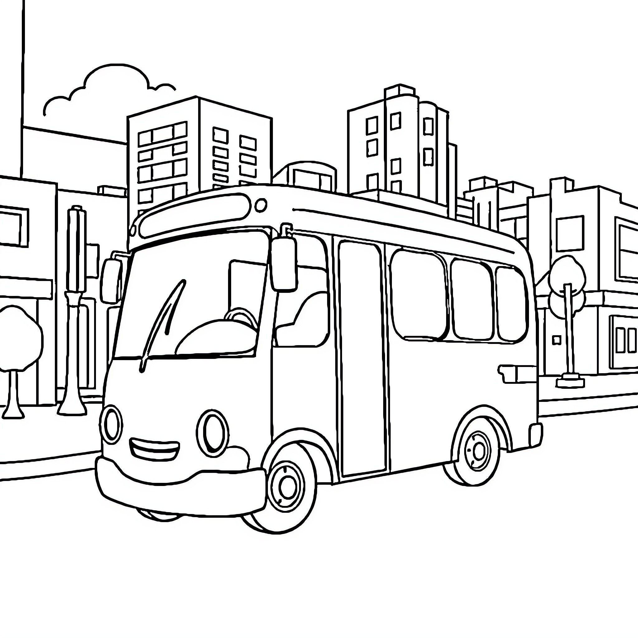 Tayo the Happy Bus in the City Coloring Page (free black-and-white line drawing printable PDF for all, from beginners to advanced learners, including children, teens, adults, and seniors)