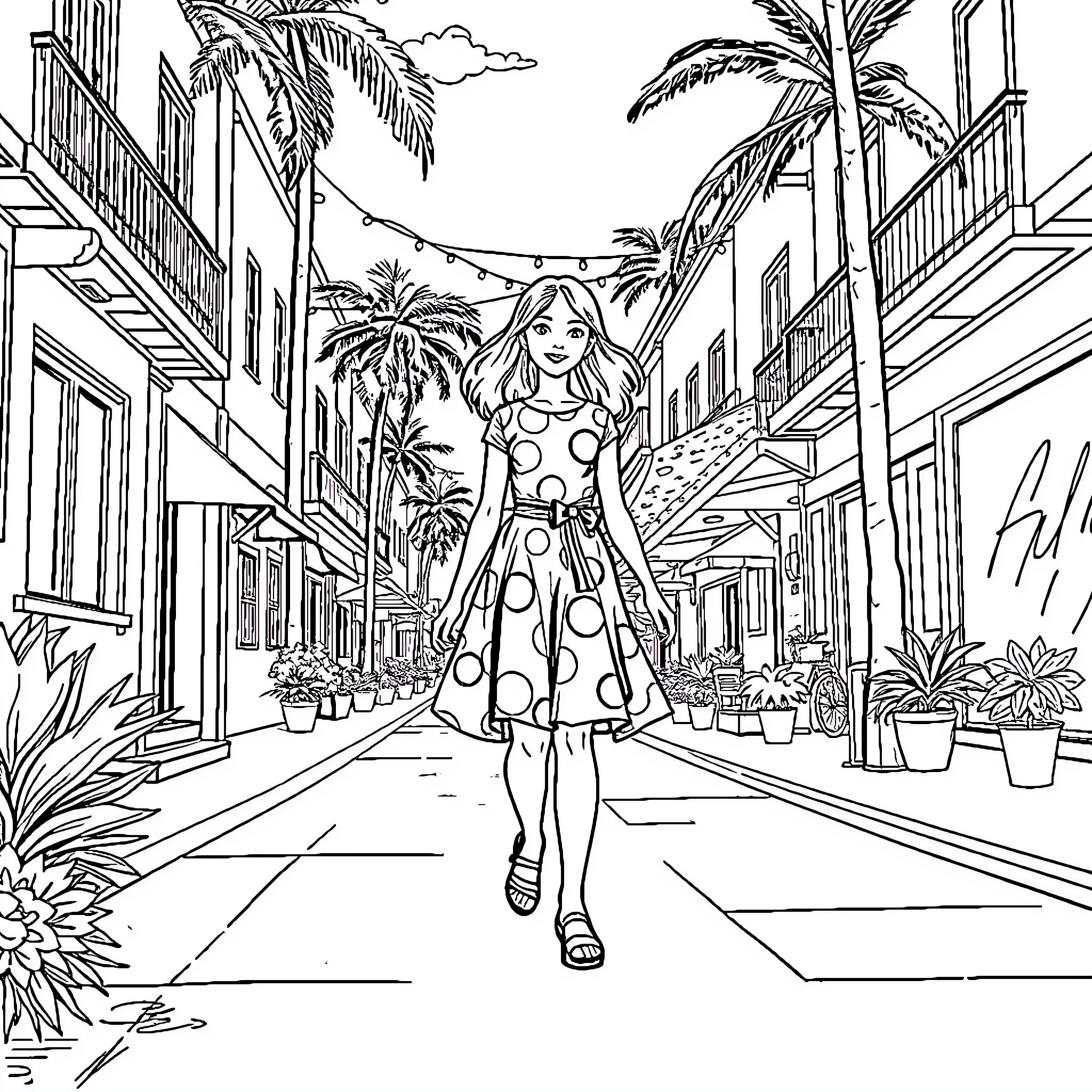 Girl strolling down a tropical street Coloring Page (free black-and-white line drawing printable PDF for all, from beginners to advanced learners, including children, teens, adults, and seniors)