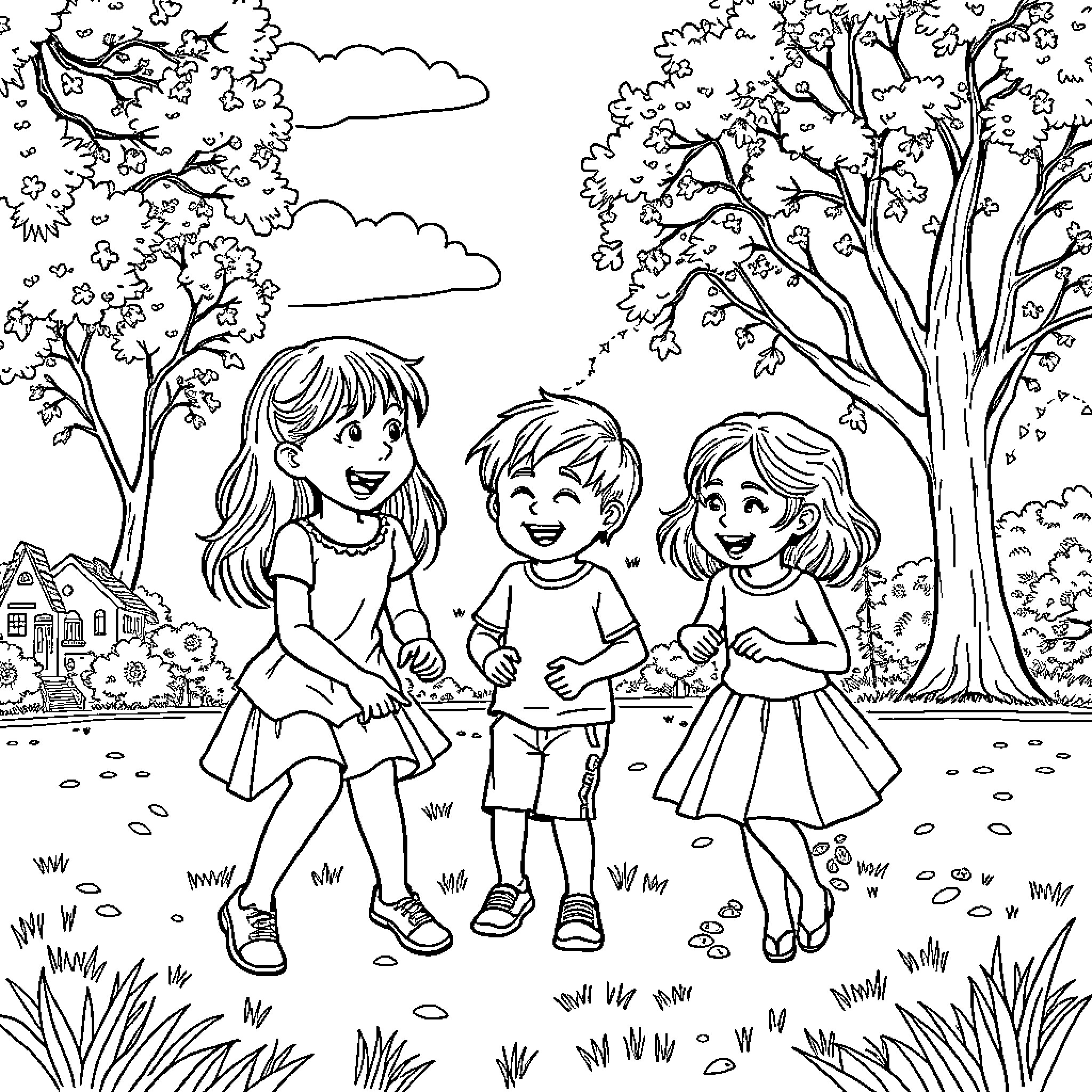 Child trio playing cheerfully in nature Coloring Page (free black-and-white line drawing printable PDF for all, from beginners to advanced learners, including children, teens, adults, and seniors)