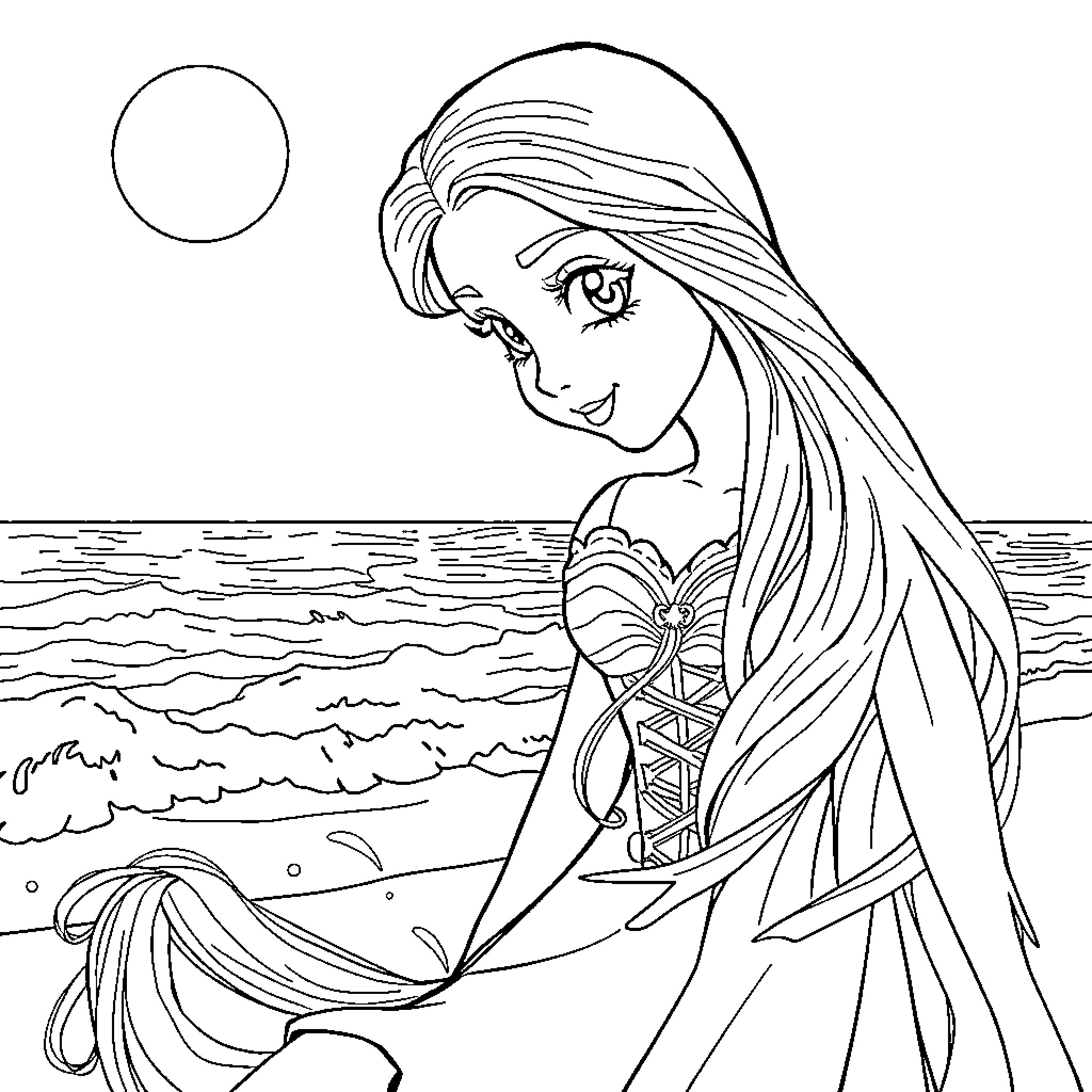 Rapunzel enjoys the ocean breeze and waves Coloring Page (free black-and-white line drawing printable PDF for all, from beginners to advanced learners, including children, teens, adults, and seniors)
