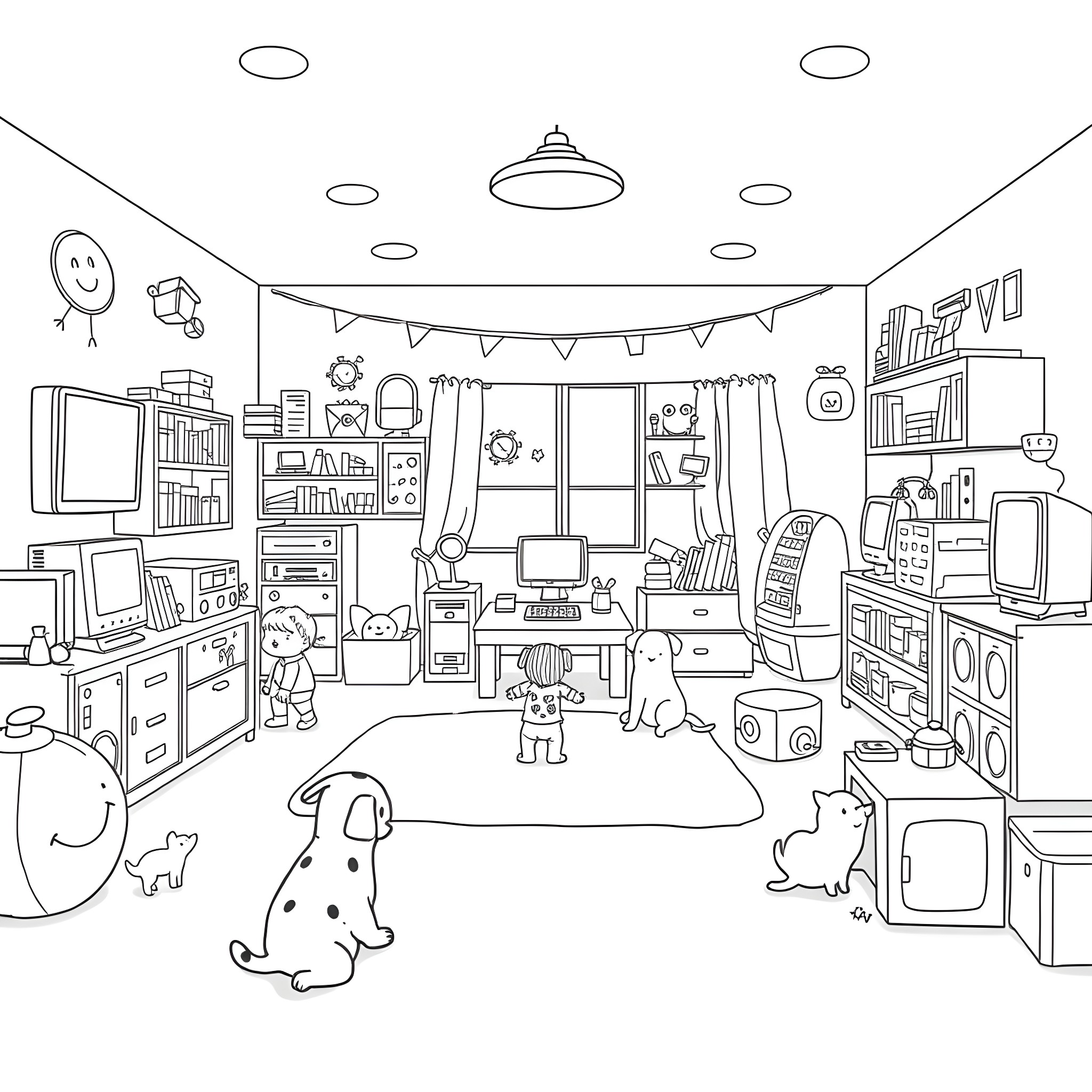 Child playing with toys in messy bedroom Coloring Page (free black-and-white line drawing printable PDF for all, from beginners to advanced learners, including children, teens, adults, and seniors)