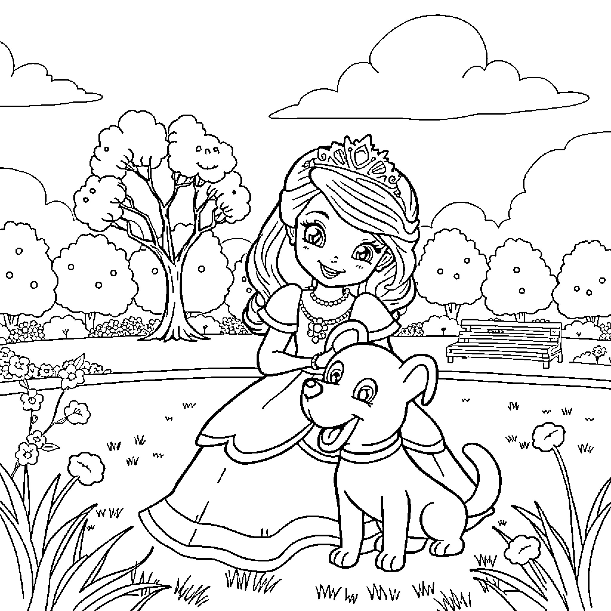 Sofia playing happily with her pet in the park Coloring Page (free black-and-white line drawing printable PDF for all, from beginners to advanced learners, including children, teens, adults, and seniors)