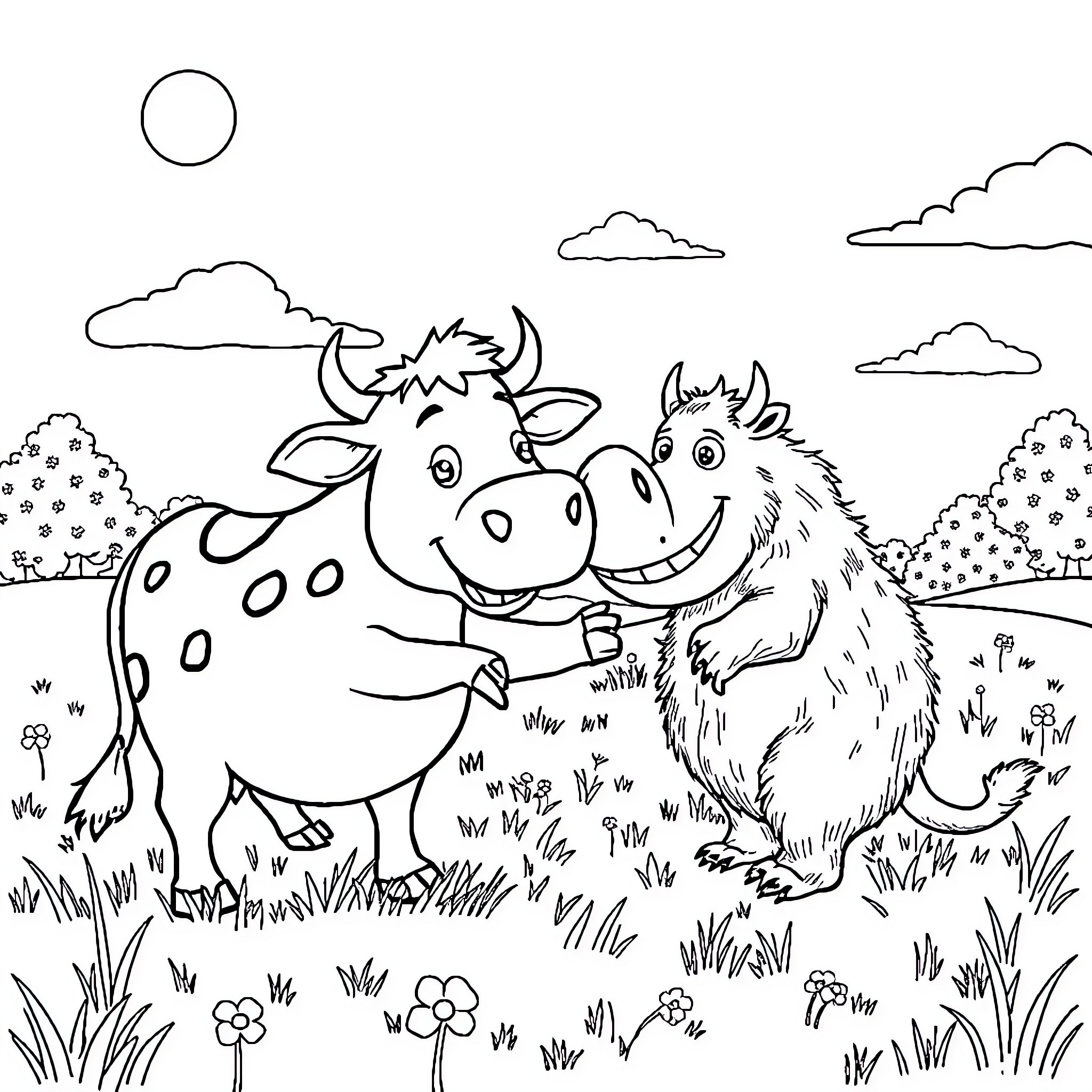 Cow and Yak Friends in a Meadow Coloring Page (free black-and-white line drawing printable PDF for all, from beginners to advanced learners, including children, teens, adults, and seniors)