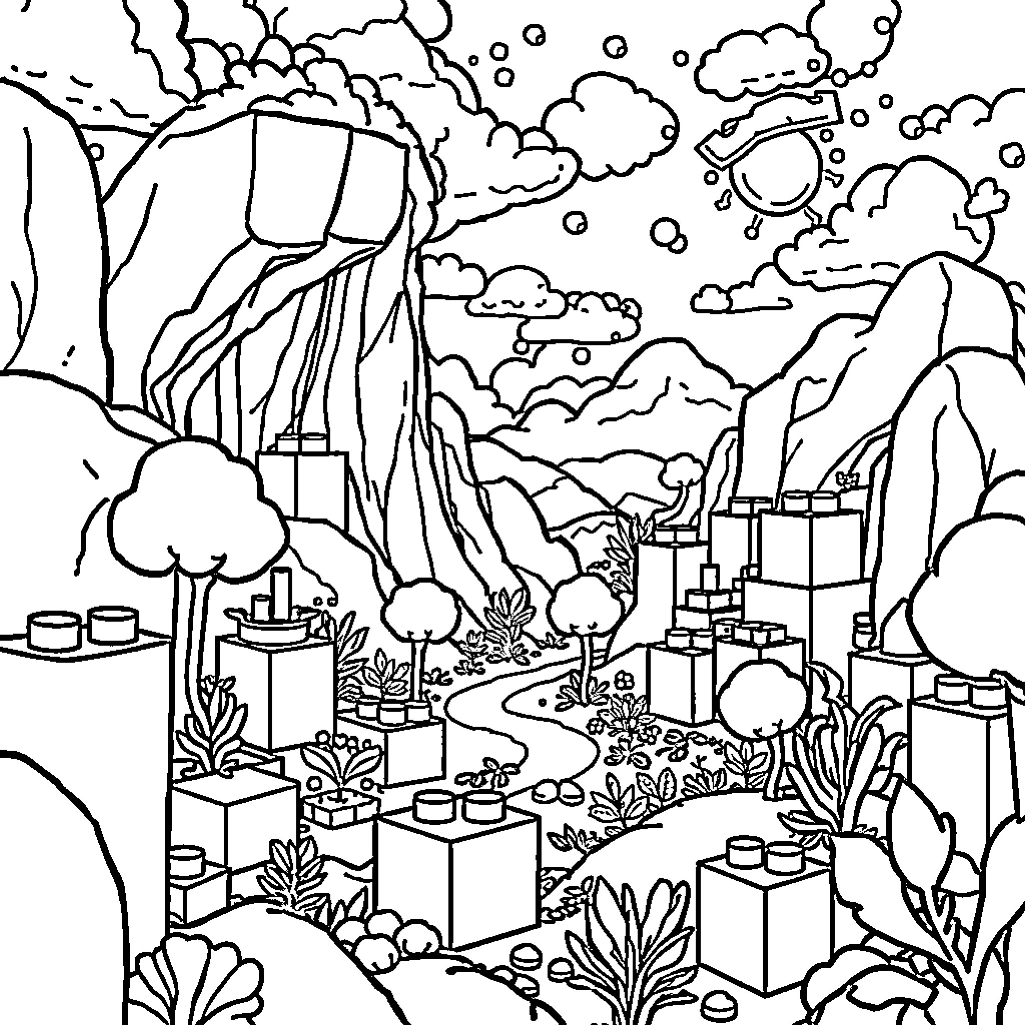 Minecraft Landscape with Mountainous Terrain Coloring Page (free black-and-white line drawing printable PDF for all, from beginners to advanced learners, including children, teens, adults, and seniors)