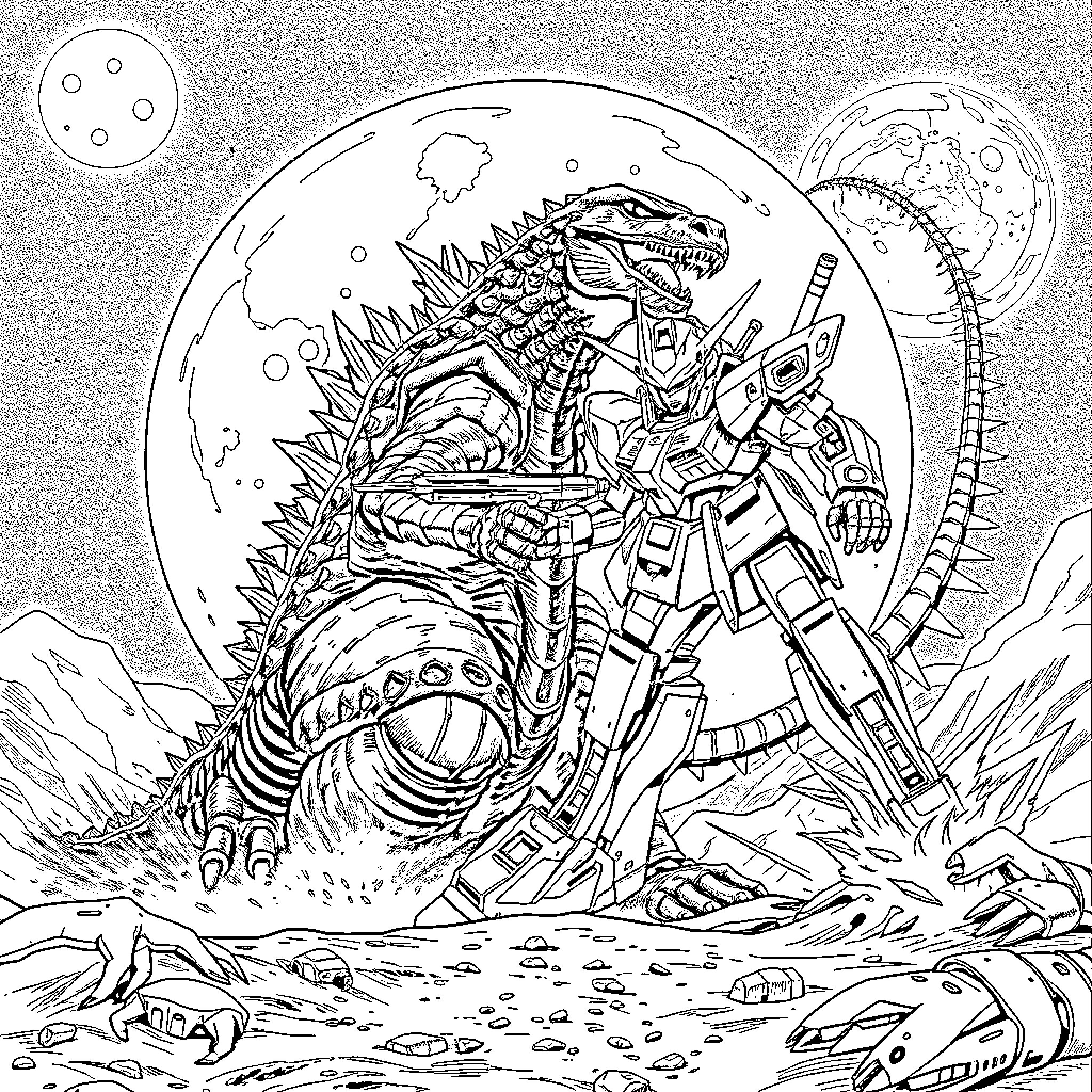 Godzilla's Mechanical Encounter in Alien Landscape Coloring Page (free black-and-white line drawing printable PDF for all, from beginners to advanced learners, including children, teens, adults, and seniors)