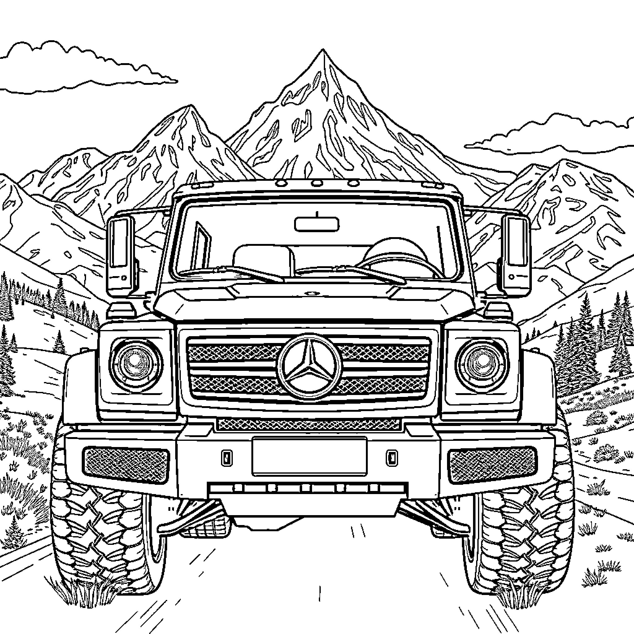 Camion traversing rugged mountain landscape Coloring Page (free black-and-white line drawing printable PDF for all, from beginners to advanced learners, including children, teens, adults, and seniors)