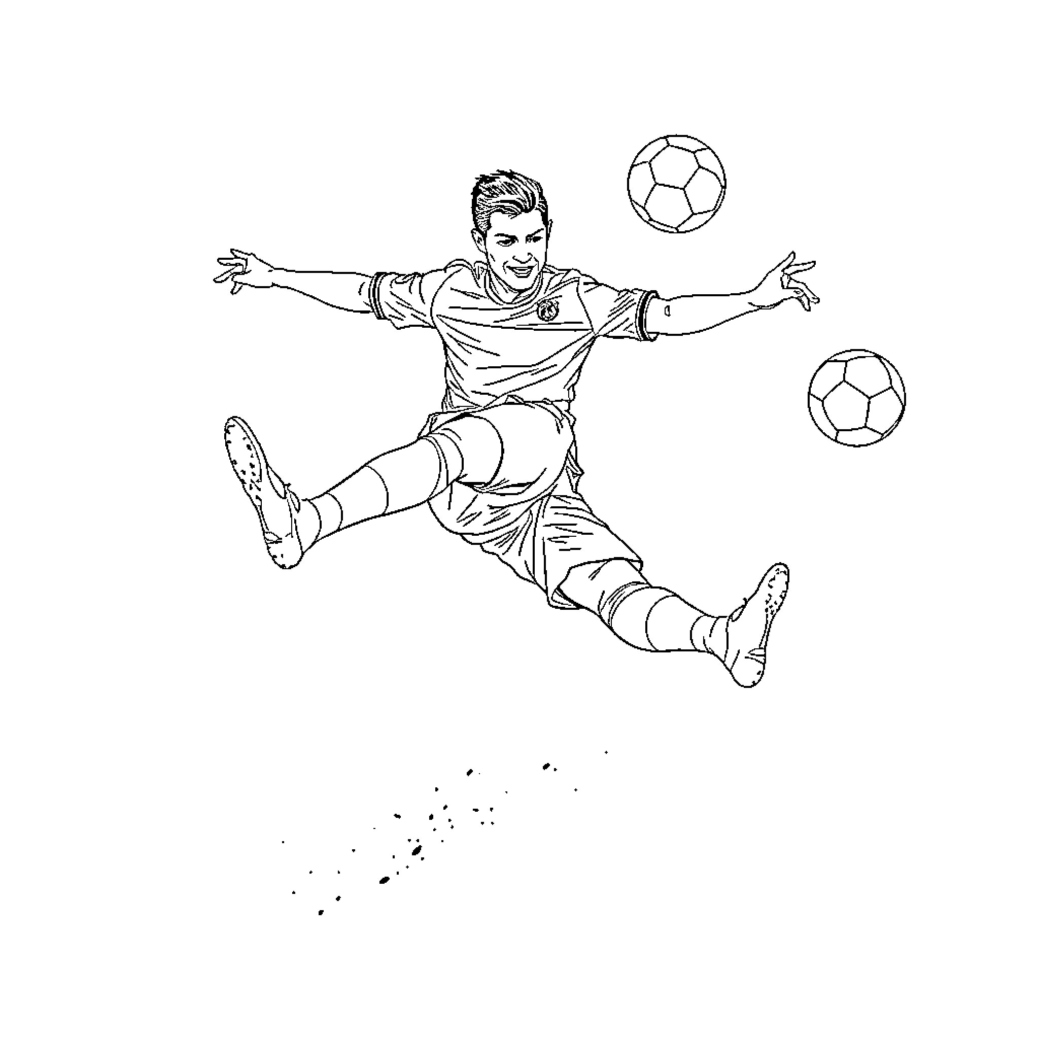 Cristiano Ronaldo's Acrobatic Soccer Skills Coloring Page (free black-and-white line drawing printable PDF for all, from beginners to advanced learners, including children, teens, adults, and seniors)