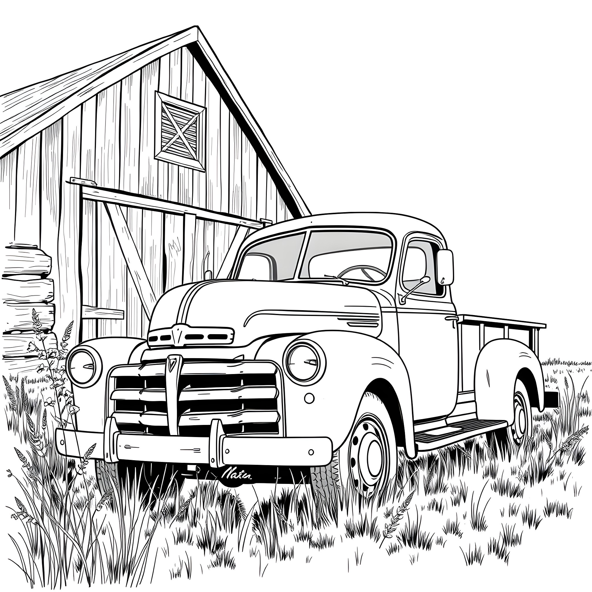Truck parked near rustic wooden barn Coloring Page (free black-and-white line drawing printable PDF for all, from beginners to advanced learners, including children, teens, adults, and seniors)