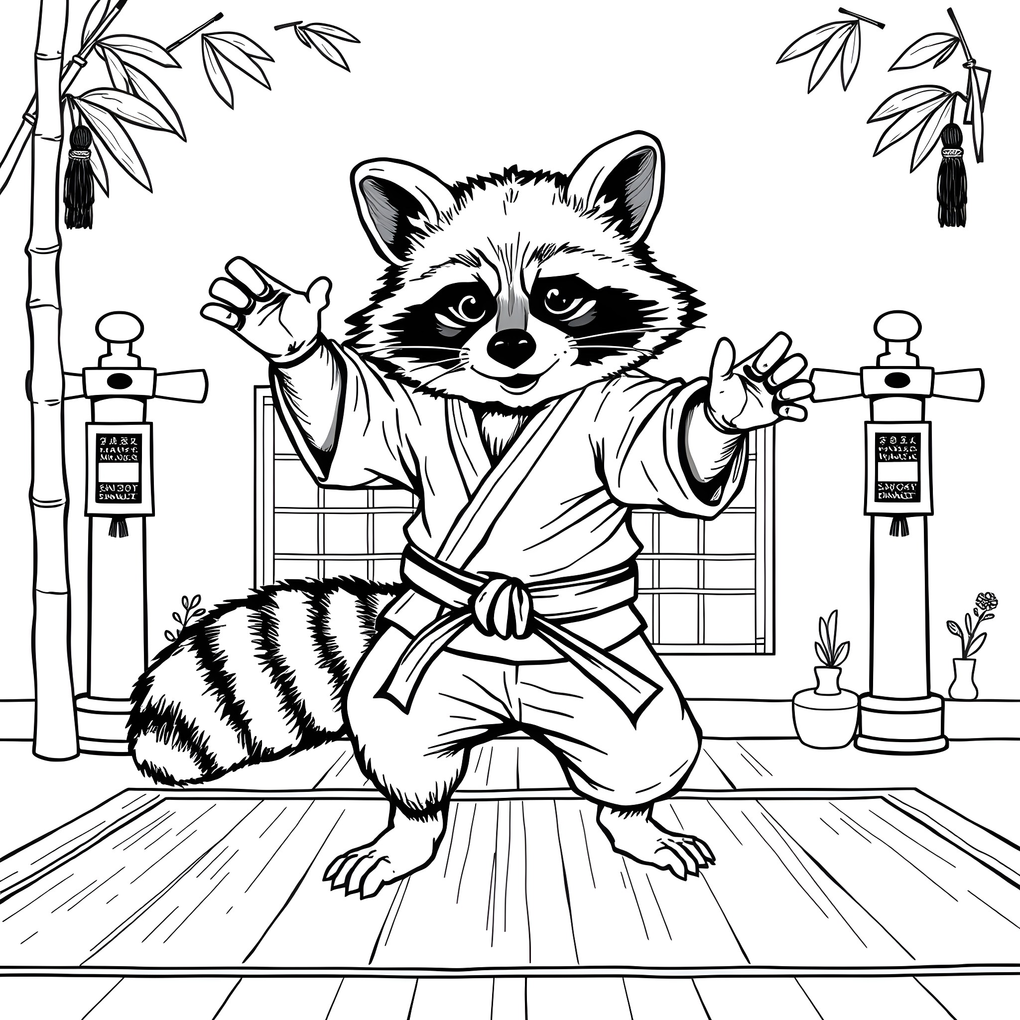 Raccoon practicing martial arts in a traditional dojo Coloring Page (free black-and-white line drawing printable PDF for all, from beginners to advanced learners, including children, teens, adults, and seniors)