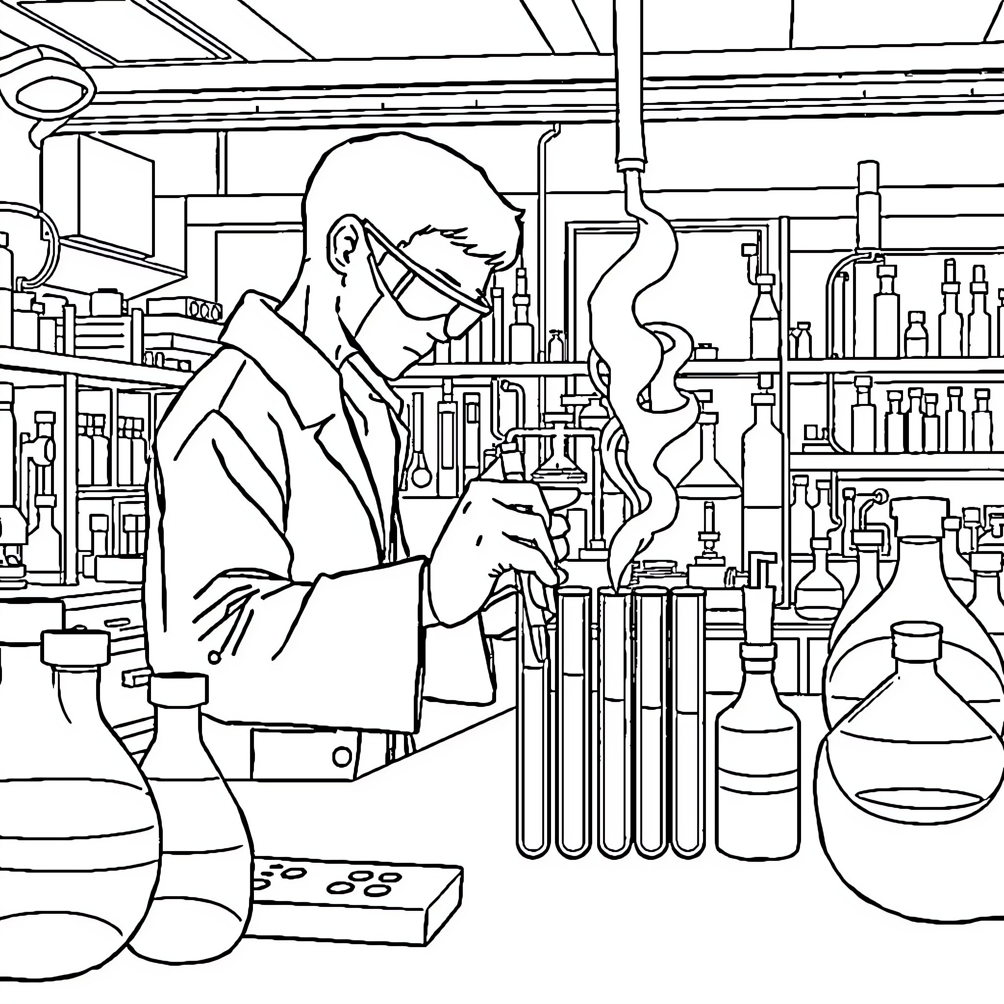 Humanoid scientist at work in a laboratory Coloring Page (free black-and-white line drawing printable PDF for all, from beginners to advanced learners, including children, teens, adults, and seniors)