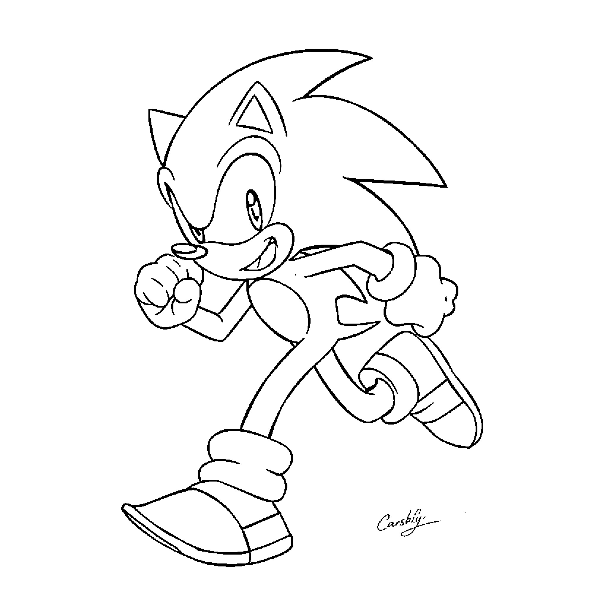 Sonic character in playful pose Coloring Page (free black-and-white line drawing printable PDF for all, from beginners to advanced learners, including children, teens, adults, and seniors)