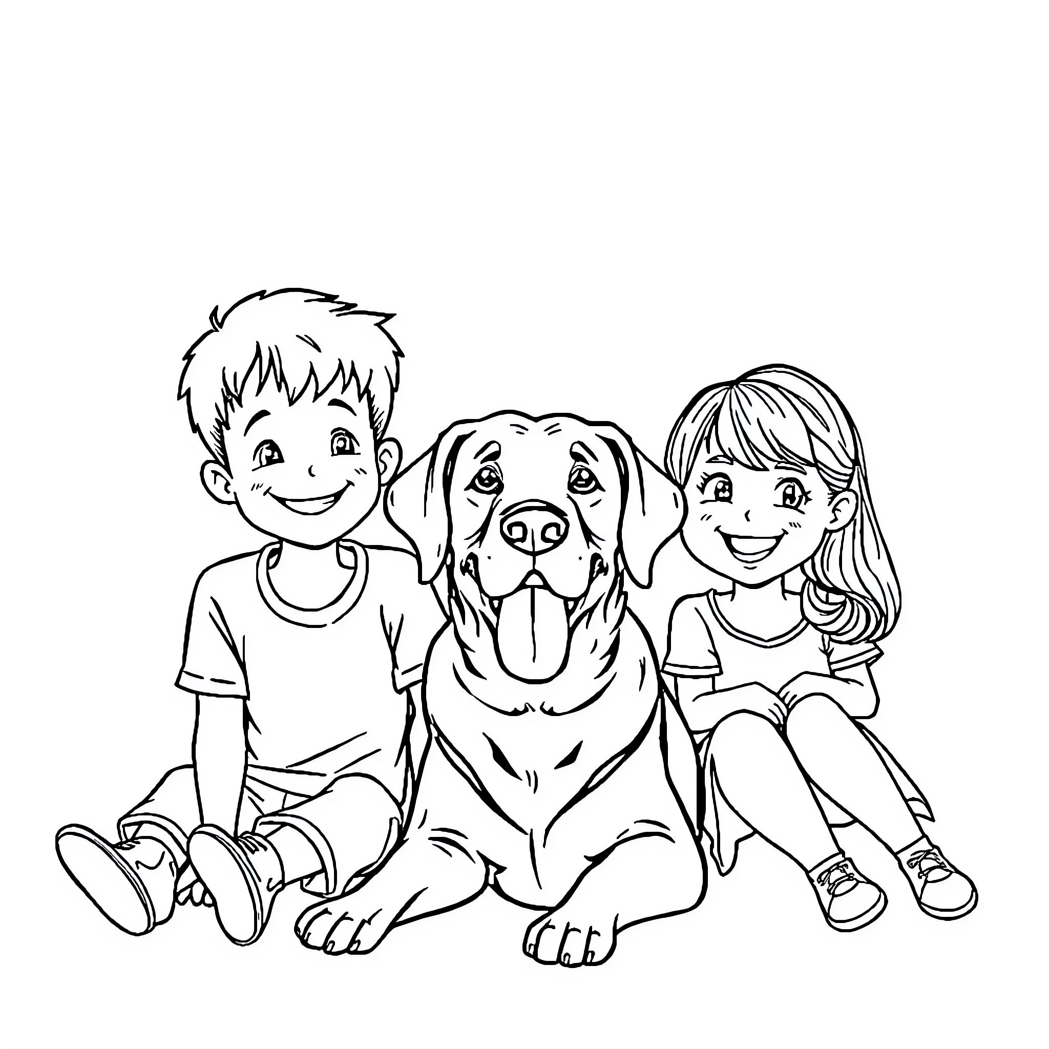 Dog with happy children enjoying together Coloring Page (free black-and-white line drawing printable PDF for all, from beginners to advanced learners, including children, teens, adults, and seniors)