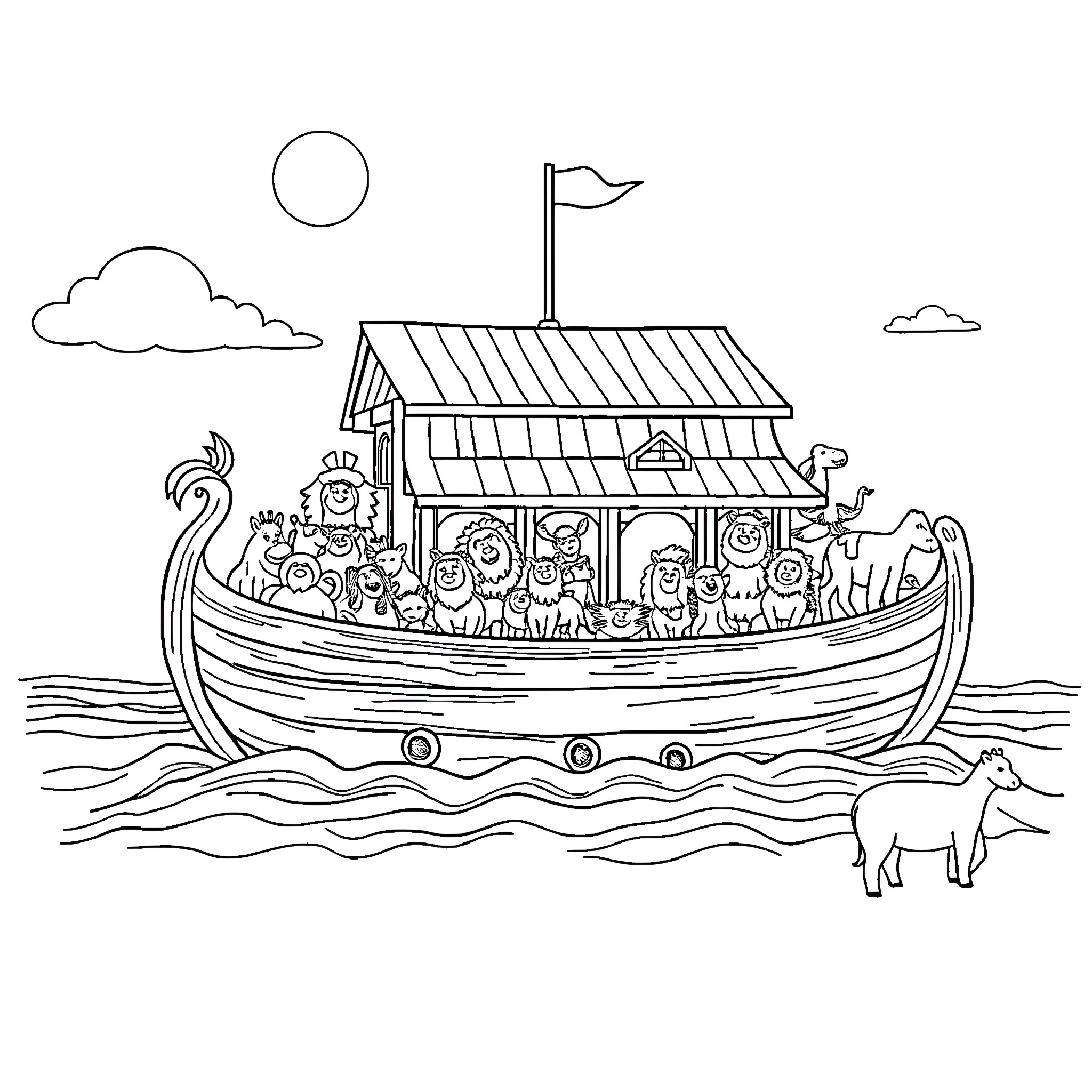Noah's Ark Carrying Diverse Animals and Passengers Coloring Page (free black-and-white line drawing printable PDF for all, from beginners to advanced learners, including children, teens, adults, and seniors)