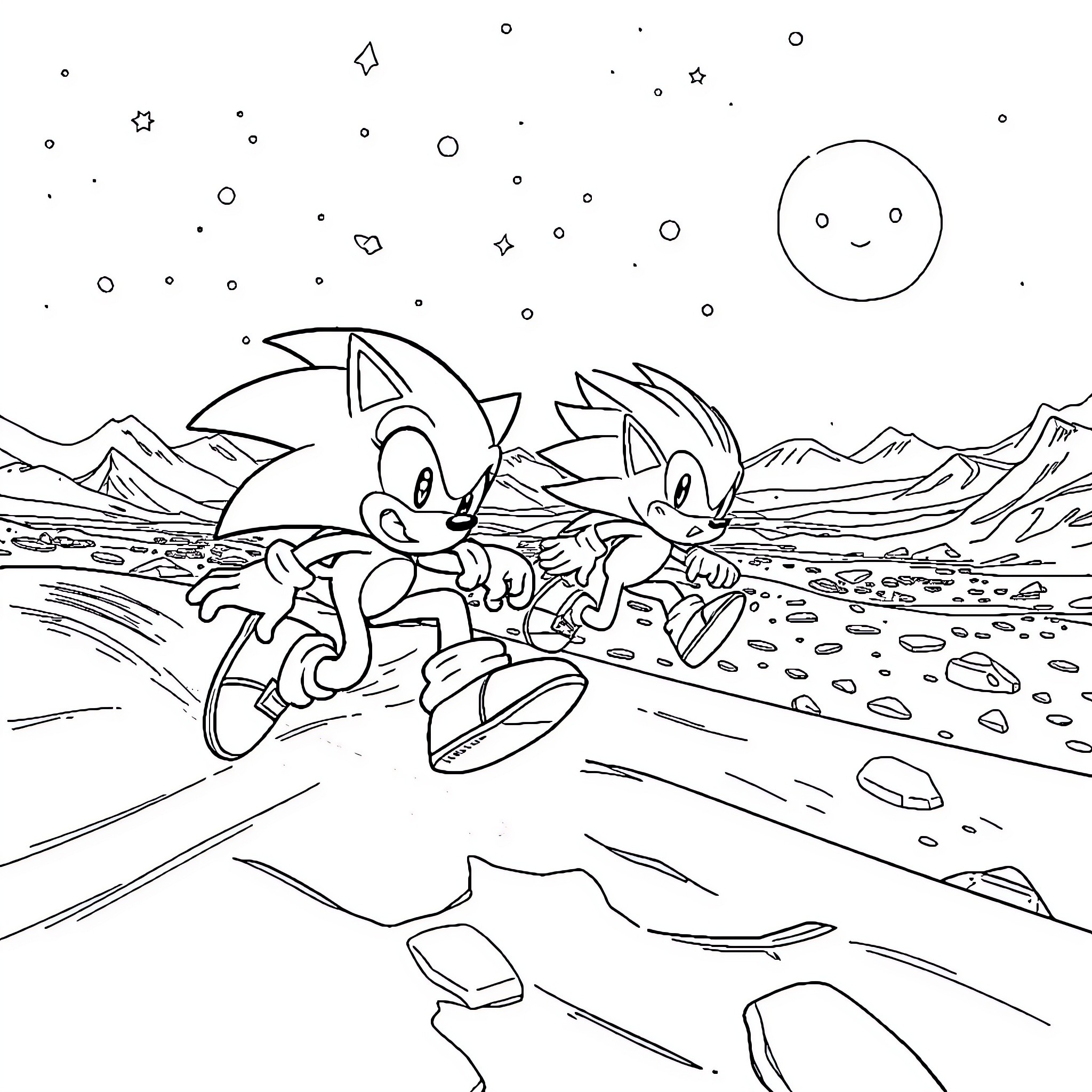 Sonic characters in a surreal landscape Coloring Page (free black-and-white line drawing printable PDF for all, from beginners to advanced learners, including children, teens, adults, and seniors)