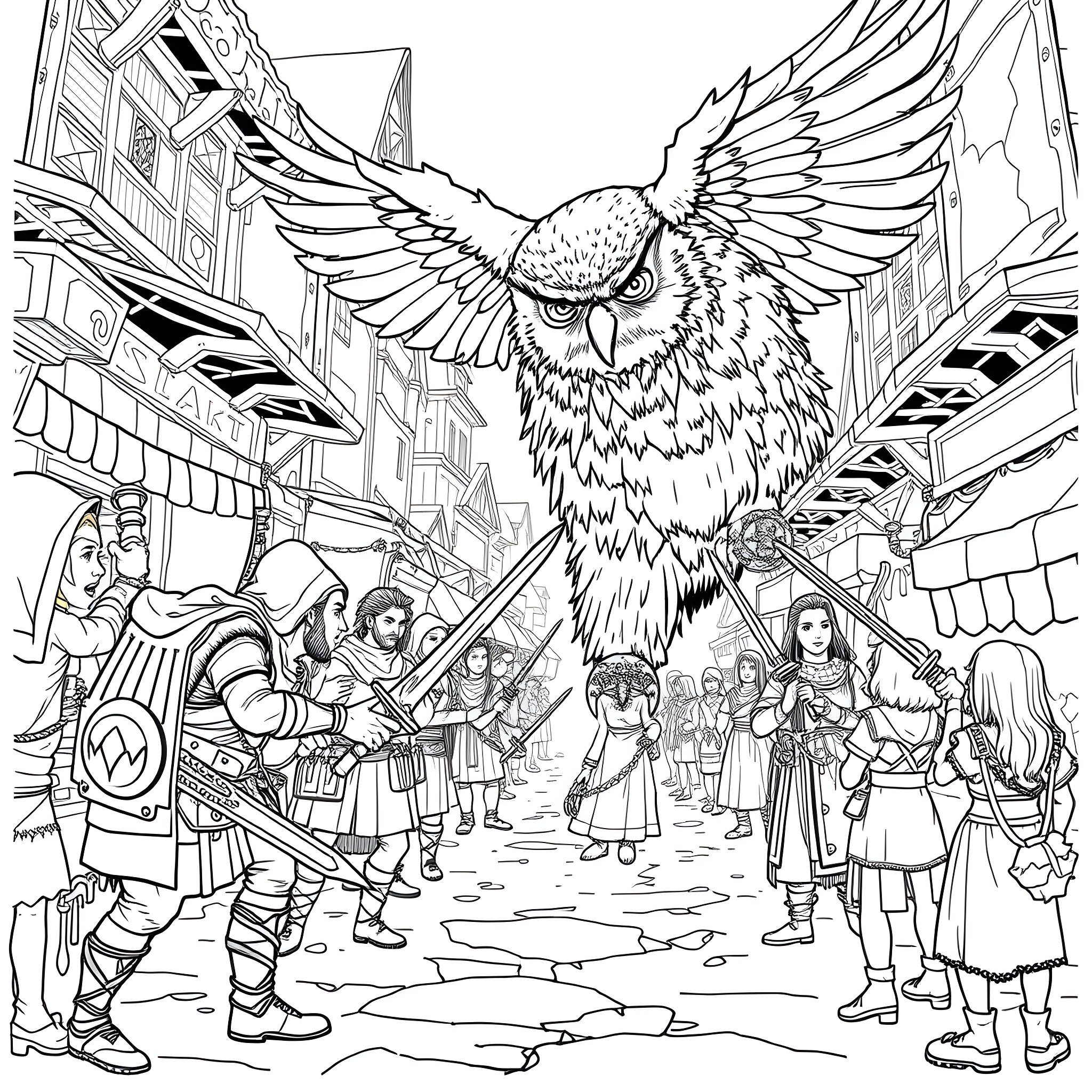 Owlbear swooping down on adventurers in a bustling town Coloring Page (free black-and-white line drawing printable PDF for all, from beginners to advanced learners, including children, teens, adults, and seniors)