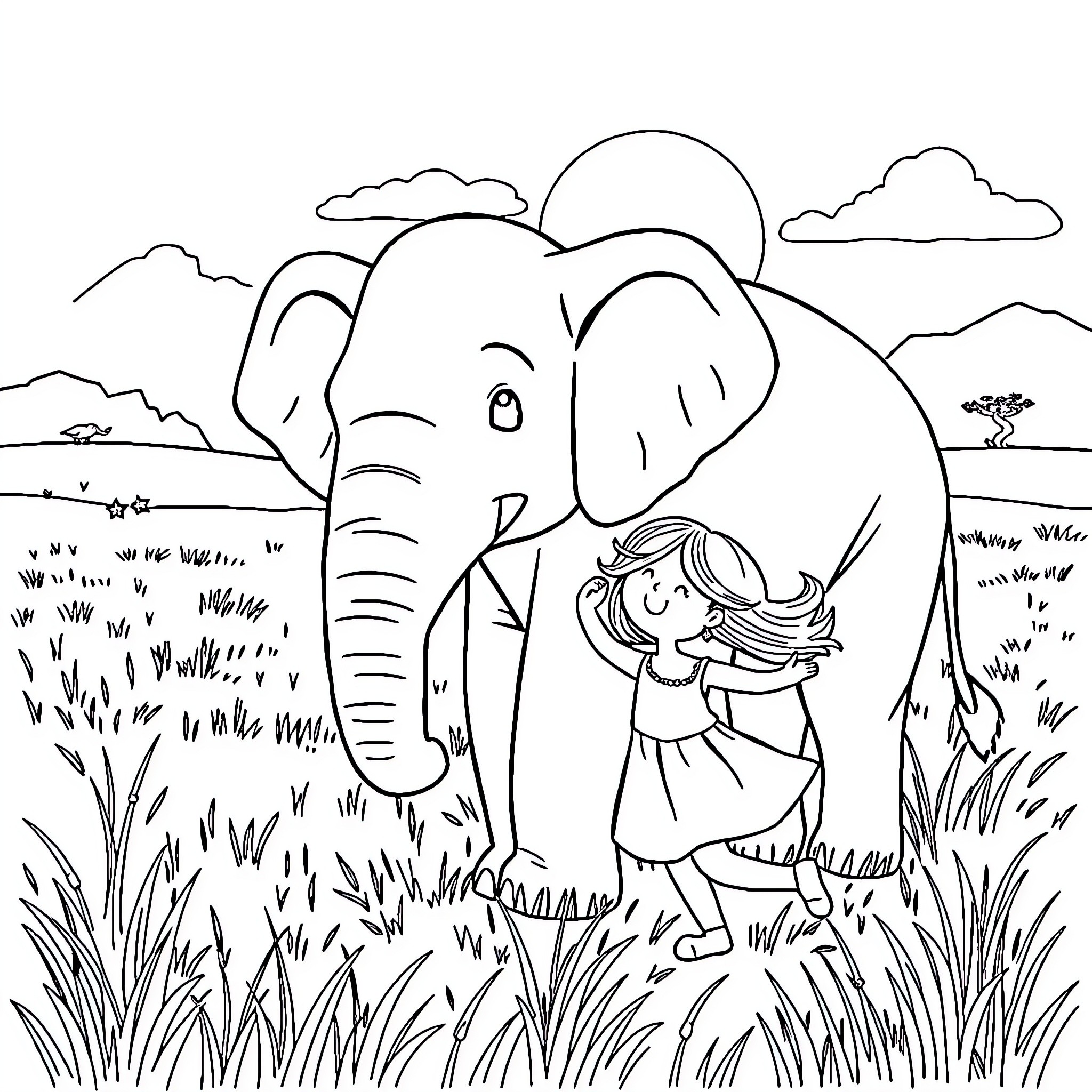Girl hugging a friendly elephant in nature Coloring Page (free black-and-white line drawing printable PDF for all, from beginners to advanced learners, including children, teens, adults, and seniors)