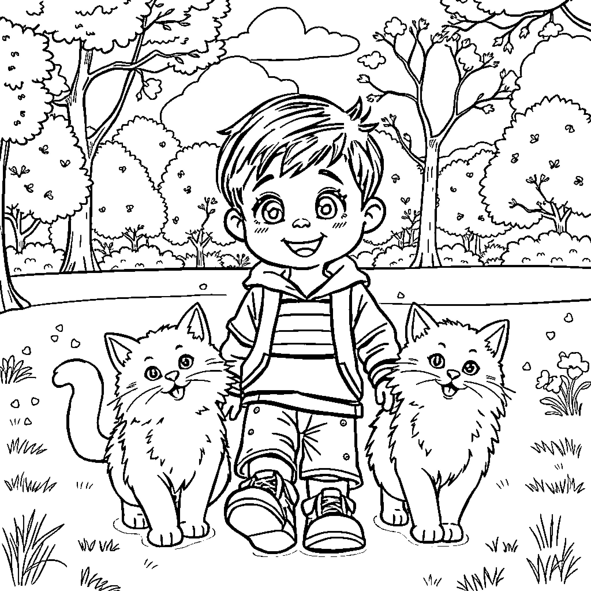 Boy playing happily with his cats in the forest Coloring Page (free black-and-white line drawing printable PDF for all, from beginners to advanced learners, including children, teens, adults, and seniors)