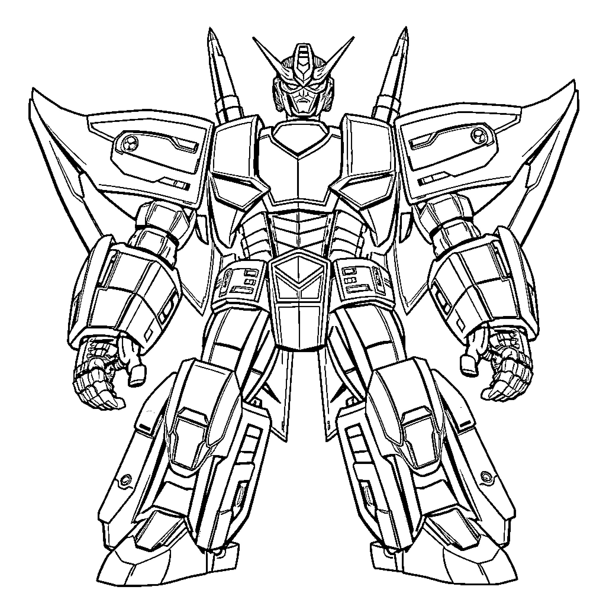 Megazord engaging in powerful combat stance Coloring Page (free black-and-white line drawing printable PDF for all, from beginners to advanced learners, including children, teens, adults, and seniors)