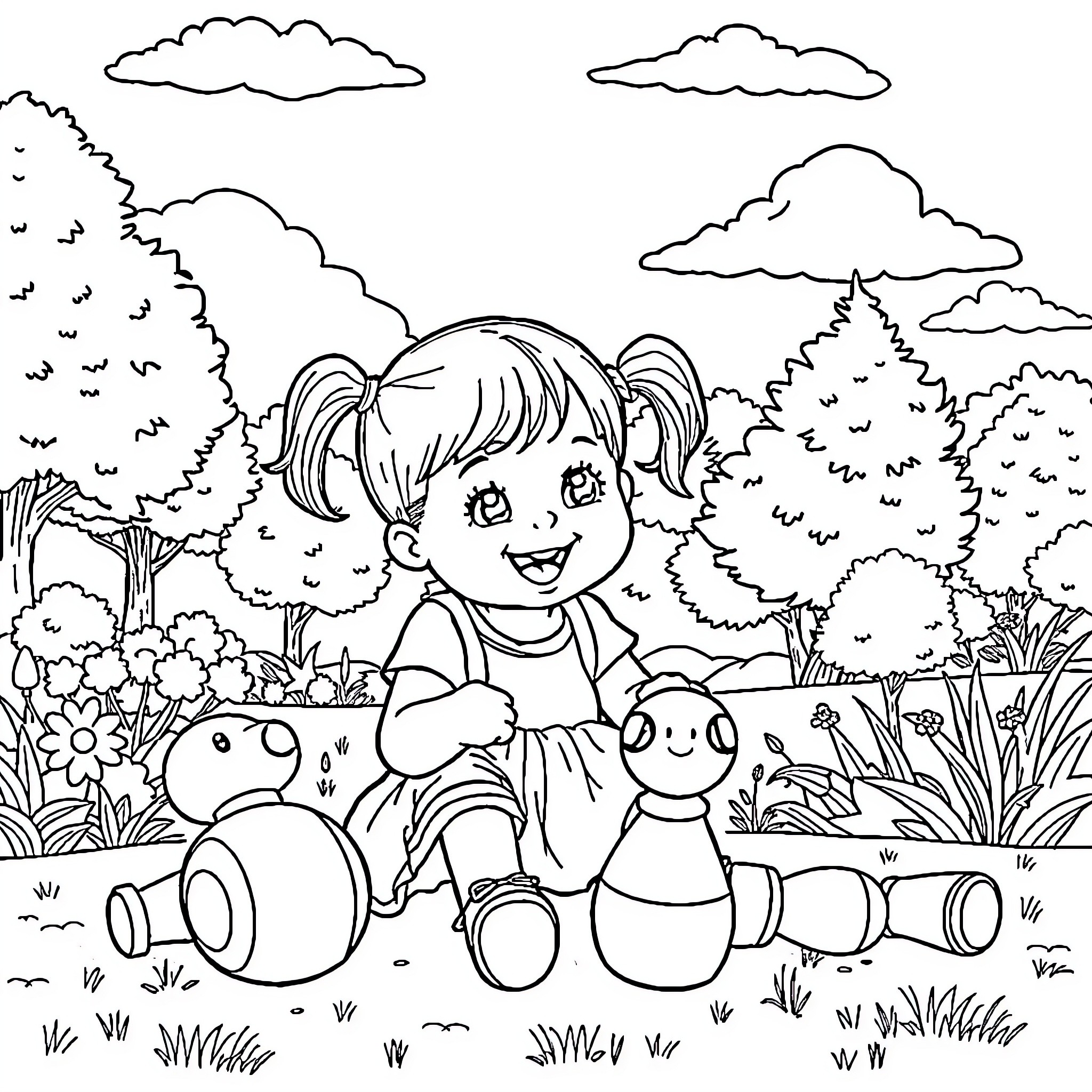 Girl playing joyfully with stuffed toys in the garden Coloring Page (free black-and-white line drawing printable PDF for all, from beginners to advanced learners, including children, teens, adults, and seniors)